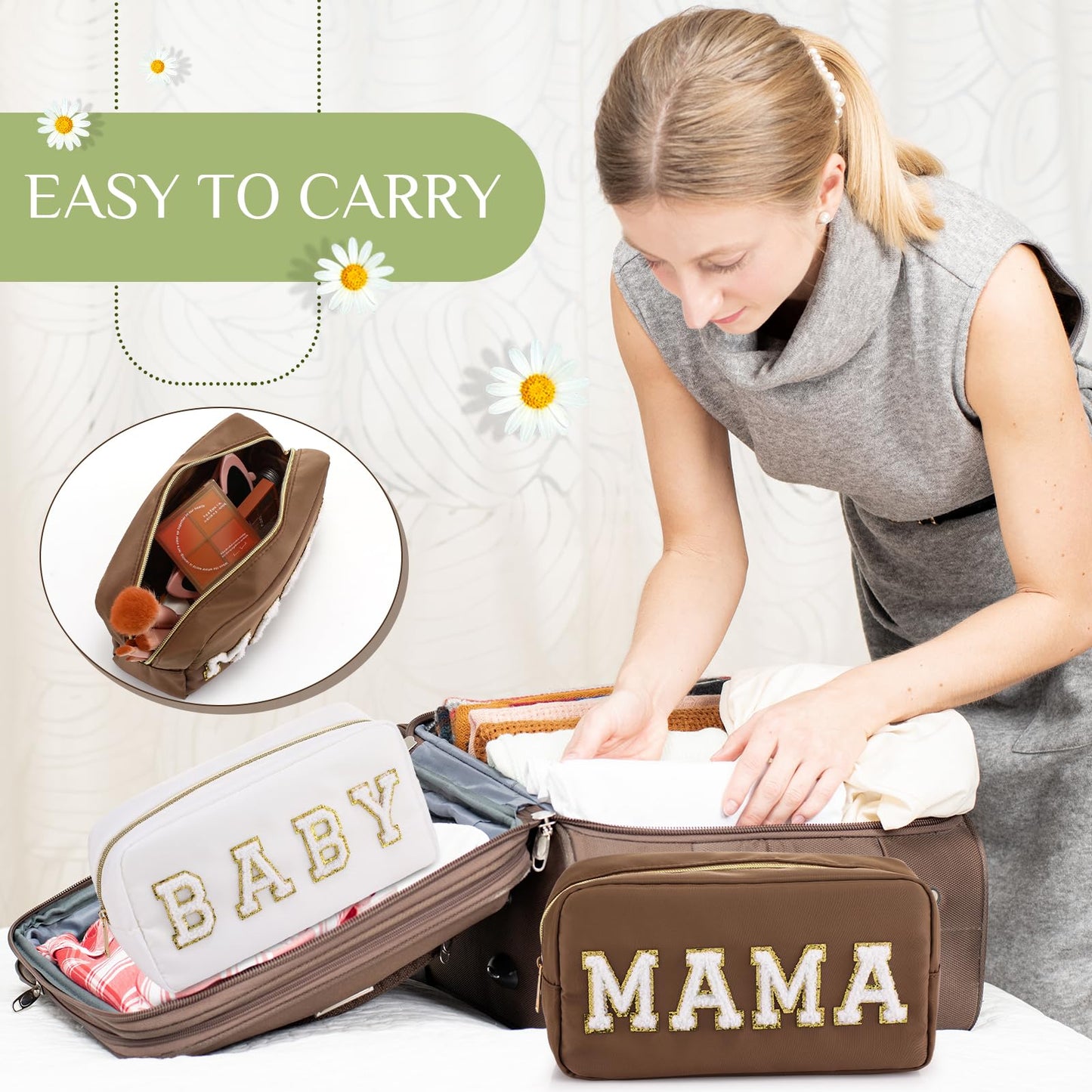 Sanwuta 2 Pieces Mama Gifts Makeup Bag Mom Birthday Gifts Nylon Cosmetic Bag Mothers Day Appreciation Toiletry Preppy Patch Chenille Letter Pouch for Women Her New Mom(Camel, White,Baby and Mama)