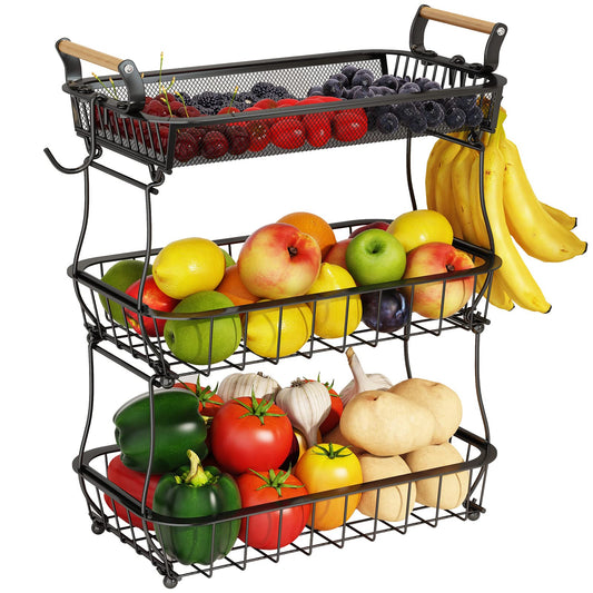 ANTOPY 3 Tier Fruit Basket with 2 Banana Hangers, Countertop Fruit Vegetable Basket Bowl for Kitchen Counter Metal Mesh Basket Fruits Stand Produce Holder Organizer for Onion Potato Bread Snack Veggie