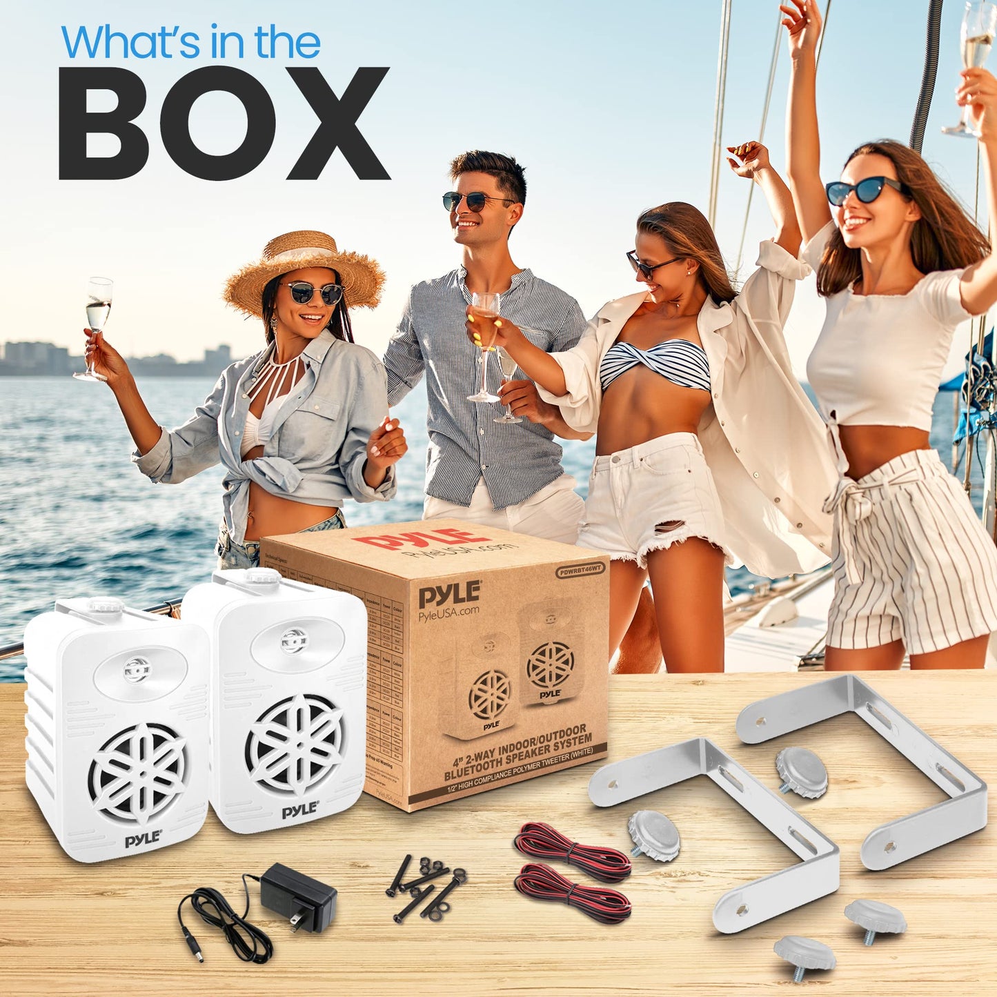 PyleUSA Bluetooth Indoor Outdoor Speakers Pair-300 Watt Dual Waterproof 4” 2-Way Full Range Speaker System w/1/2” High Compliance Polymer Tweeter-Home, Boat, Marine, Deck(White)(PDWRBT46WT)