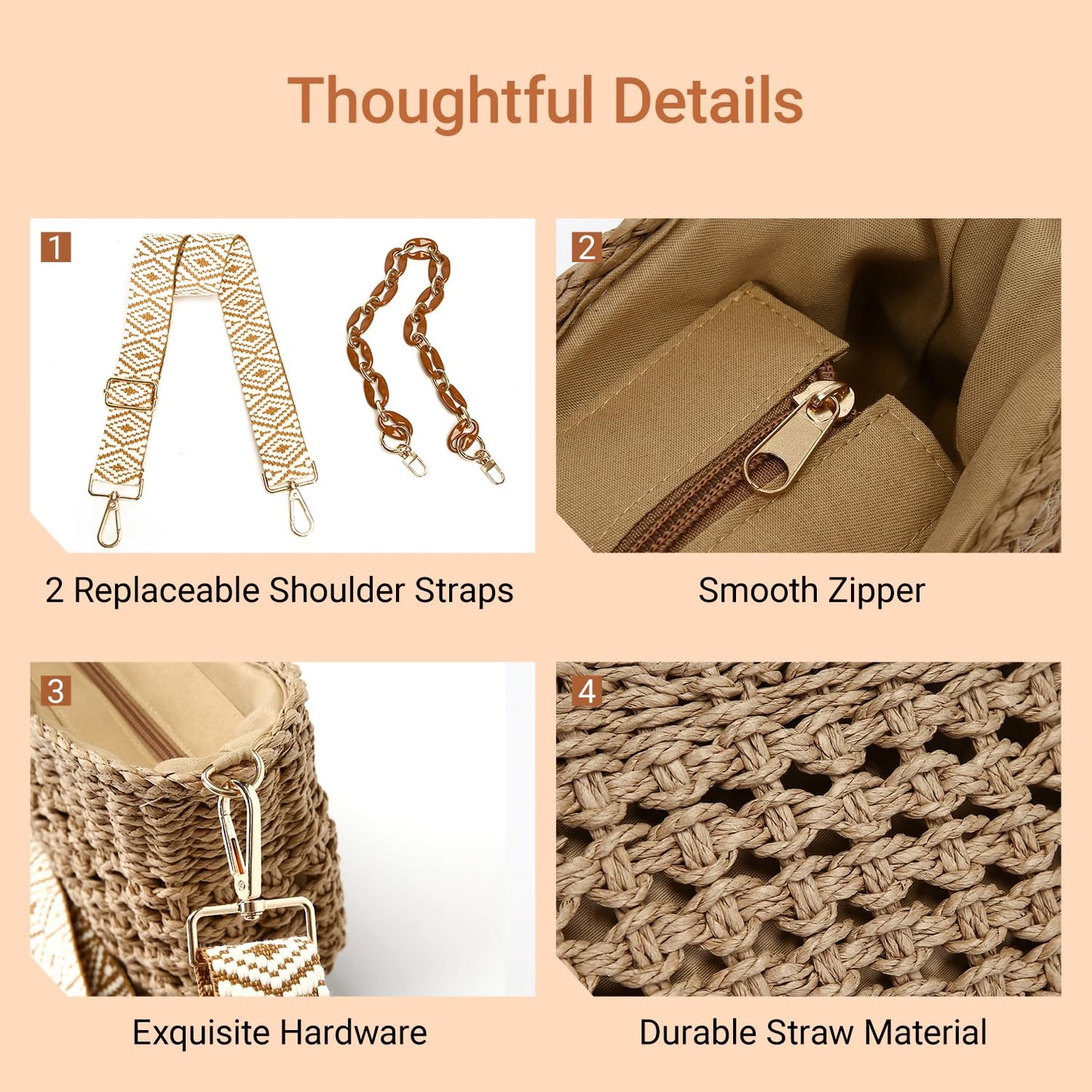 Herald Small Handmade Straw Pocketbook Crossbody Bag for Women, Summer Chic Woven Handbag Shoulder Purse with Chain (Hollow Out Coffee)