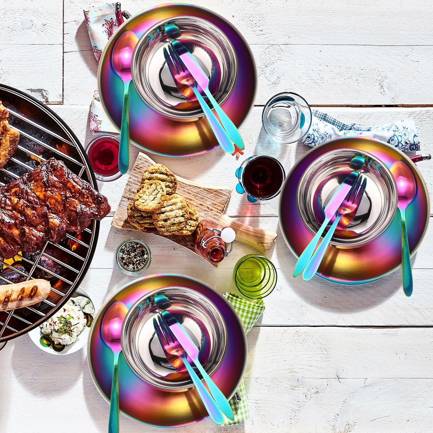 Honeydak 36 Pcs Stainless Steel Utensils Camping Tableware Kit Include Set of 6 Plate Bowl Cups Spoons Forks Knives Flatware Set for Backpacking Camping Hiking and Picnic(Rainbow Color)