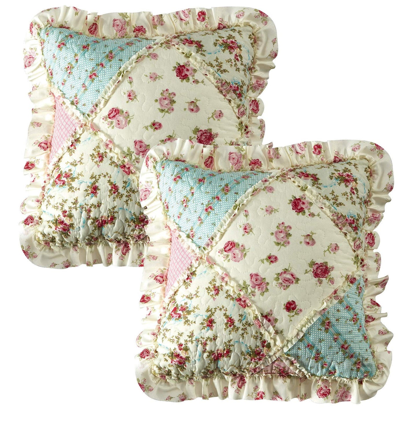 Brilliant Sunshine Roses Ruffle Pillowshams, Quilted Patchwork Decorative Pillow Covers Set, Washable Square Throw Cushion Cases for Couch, Recliner, Armchair, Bed, 18x18, Pack of 2, Pink Green
