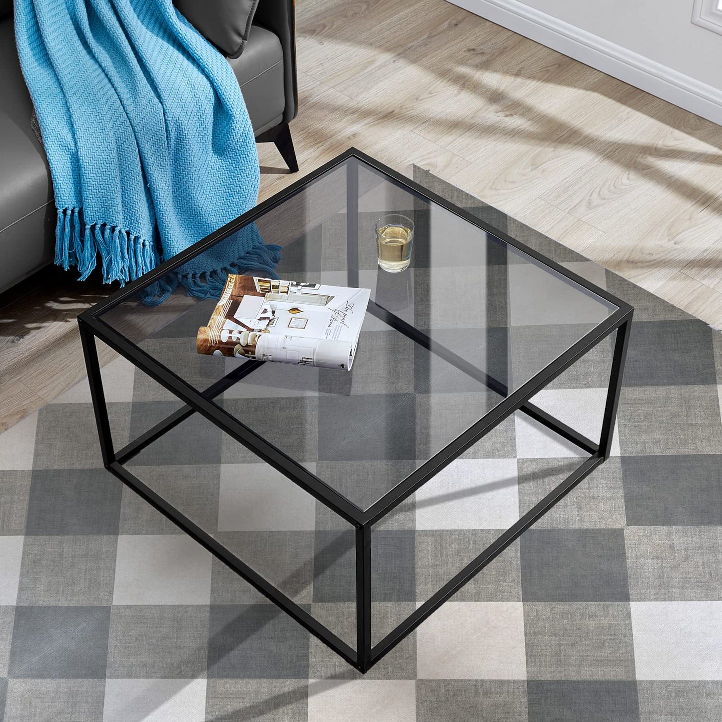 SAYGOER Glass Coffee Table, Small Modern Coffee Table Square Simple Center Tables for Living Room 26.7 x 26.7 x 17.7 Inches, Gray Black