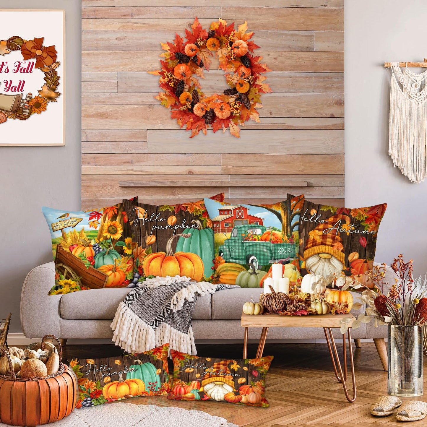 Ywlake 18x18 Fall Pillow Covers Set of 4, Pumpkin Gnomes Decorative Holiday Pillow Case 18 Inch Autumn Cushion Covers Thanksgiving Pillowcase for Indoor Home Bedroom Couch Sofa Decor