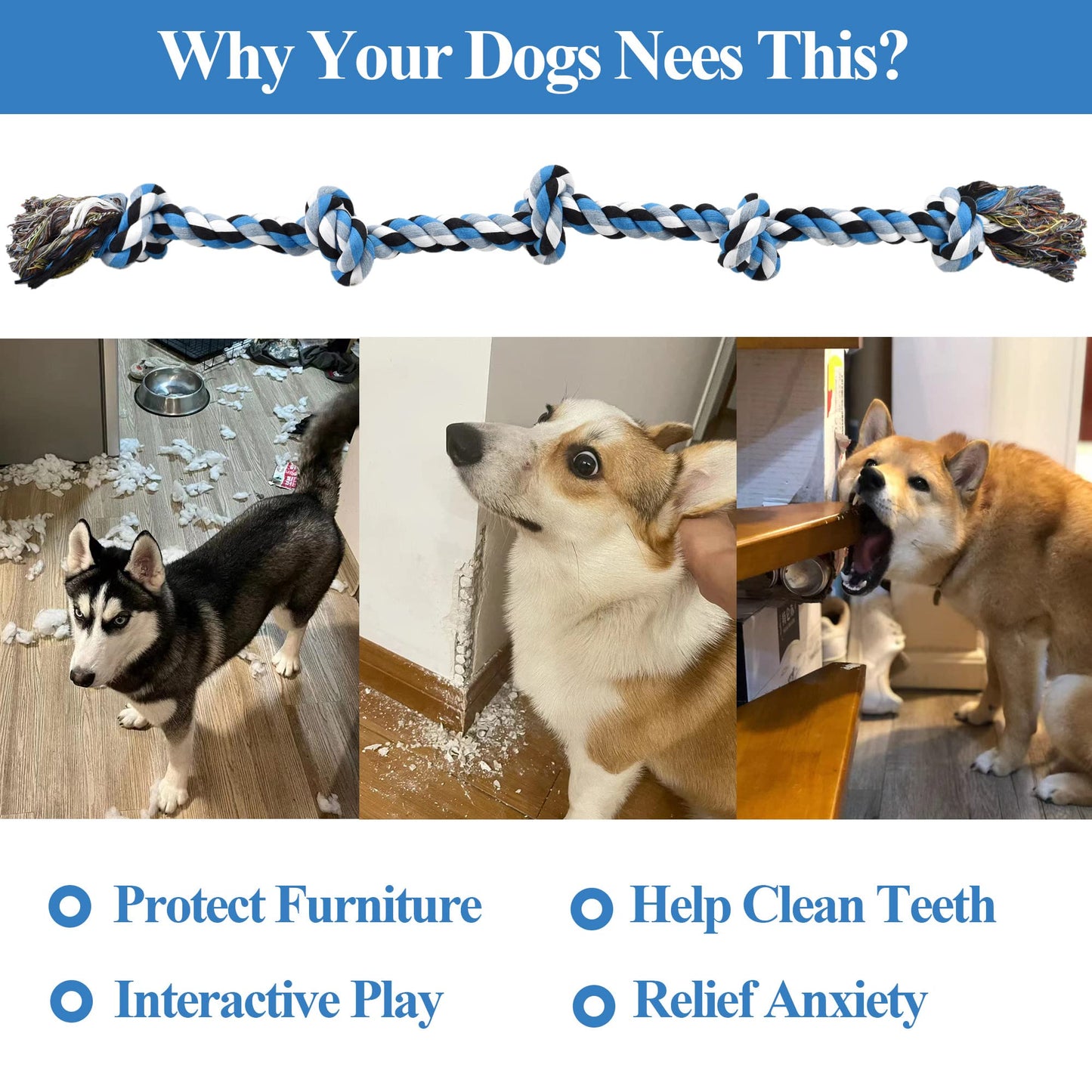 LECHONG Dog Toys for Aggressive Chewers Tough Rope Chew Toys for Large and Medium Dog 3 Feet 5 Knots Indestructible Cotton Rope for Large Breed Dog Tug of War Dog Toy Teeth Cleaning