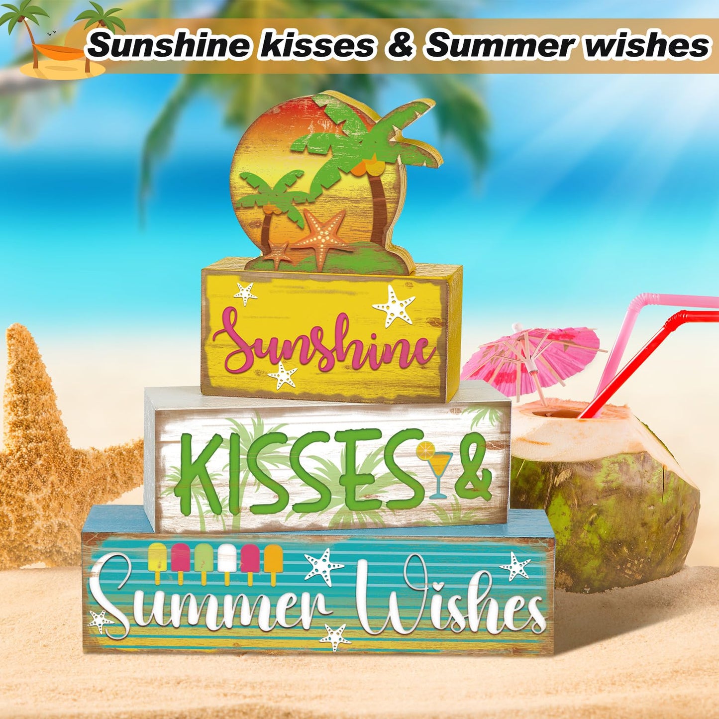 Burbell 4 Pcs Summer Wooden Tiered Tray Decor Farmhouse Rustic Table Decor Books Stack Block Signs for Table & Home Office Decorations(Hawaii Style)