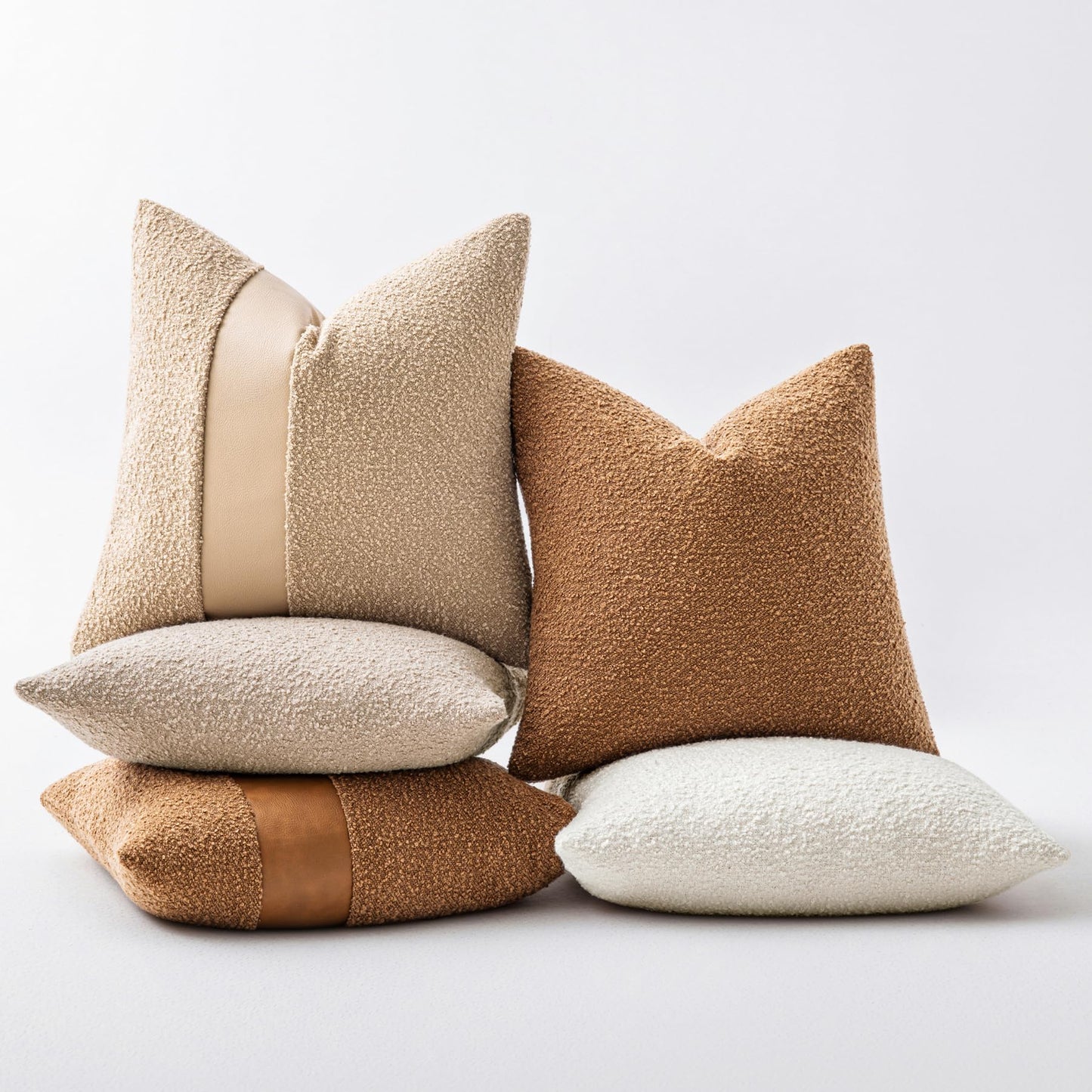 SINYASAN 18"x18" Tobacco Boucle Throw Pillow Covers with Faux Leather Accents Set of 2 Fluffy Textured Decorative Pillow Cases for Couch Bed Boho Farmhouse Square Cushion Covers for Nordic Home Décor