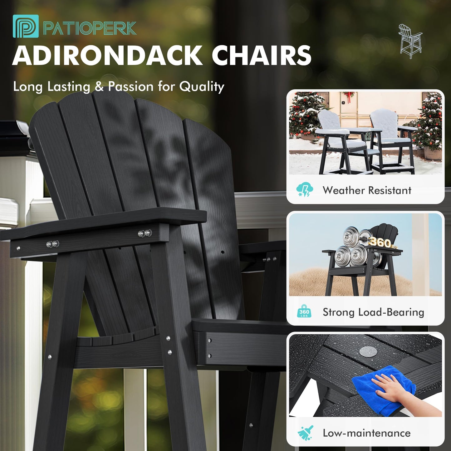 PatioPerk Tall Adirondack Chair Set of 2 with Double Connecting Tray, Recycled HDPE with Wood Grain, Weather Resistant, Outdoor Adirondack Chairs for Deck, Balcony, Patio, Backyard, Black