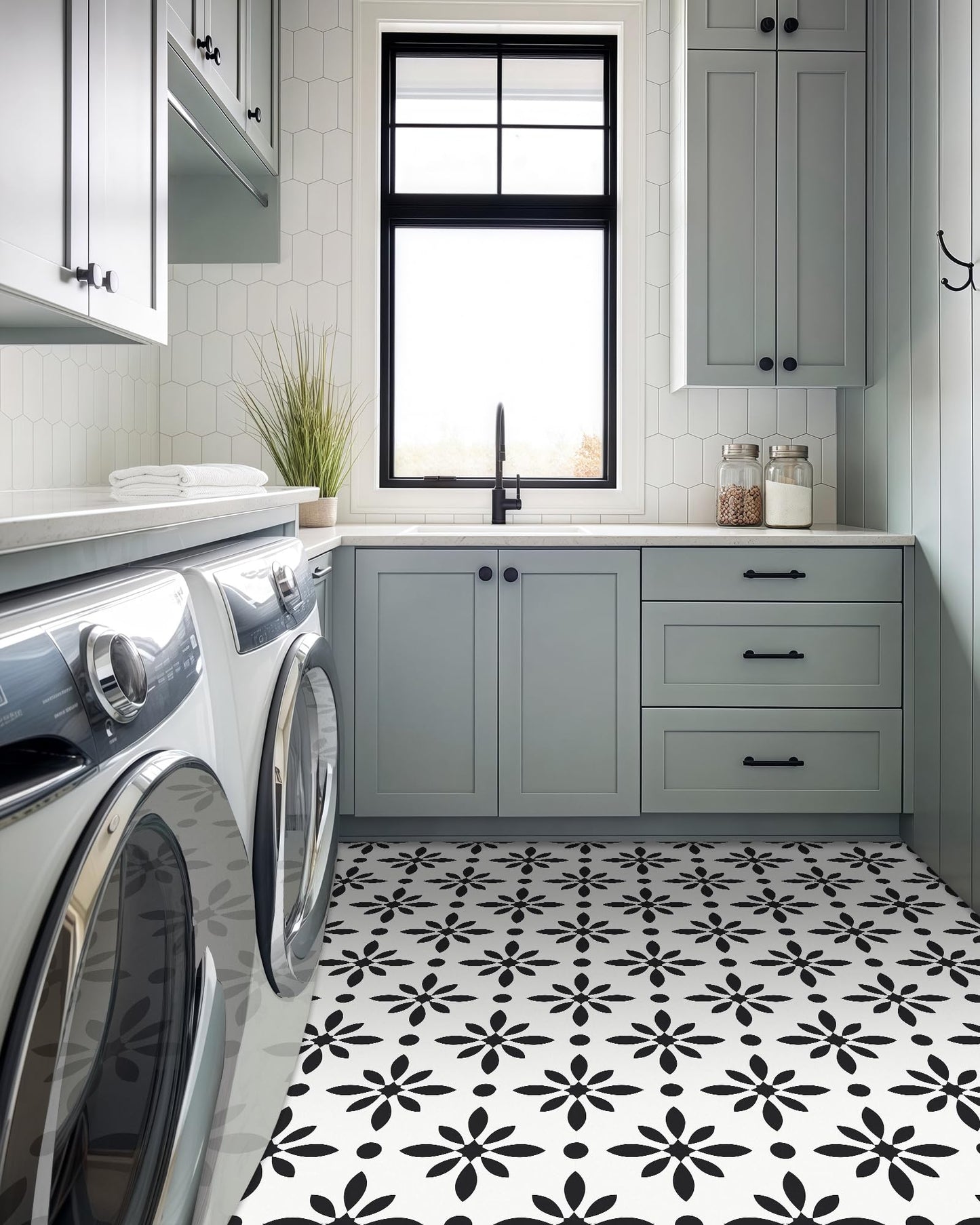 MORCART Peel and Stick Floor Tile - Vinyl Flooring Self Adhesive DIY: Square White+Black Flowers 8" x 8" 20 PCS, Waterproof and Removable Tile Sticker for Kitchen, Bathroom, Staircase FT-1624