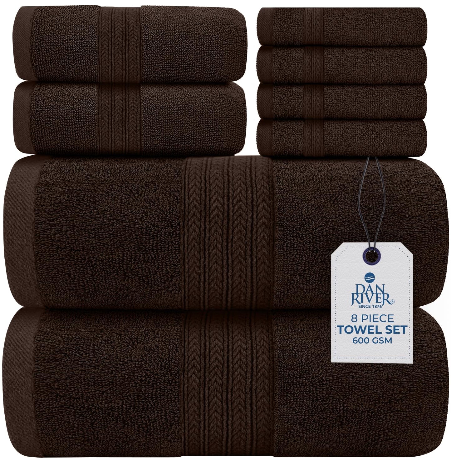 DAN RIVER 100% Ring Spun Cotton 8-Piece Towel Set, Brown, 2 Bath Towels, 2 Hand Towels and 4 Washcloths, 550 GSM - Soft and Absorbent for Bathroom, Spa, and Gym