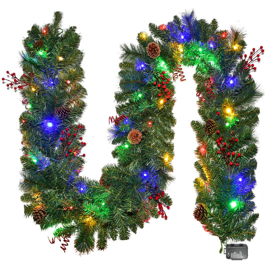 Christmas Garland with Lights 9FT, Battery Powered 50 LED Lights, 8 Lighting Modes, Red Berry, Pine Cone for Stairs, Front Door, Christmas Decor