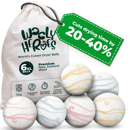 No More Dryer Sheets! Reusable Wool Dryer Balls XL 6-Pack - Reduces Static, Cuts Dry Time, & Softens Naturally
