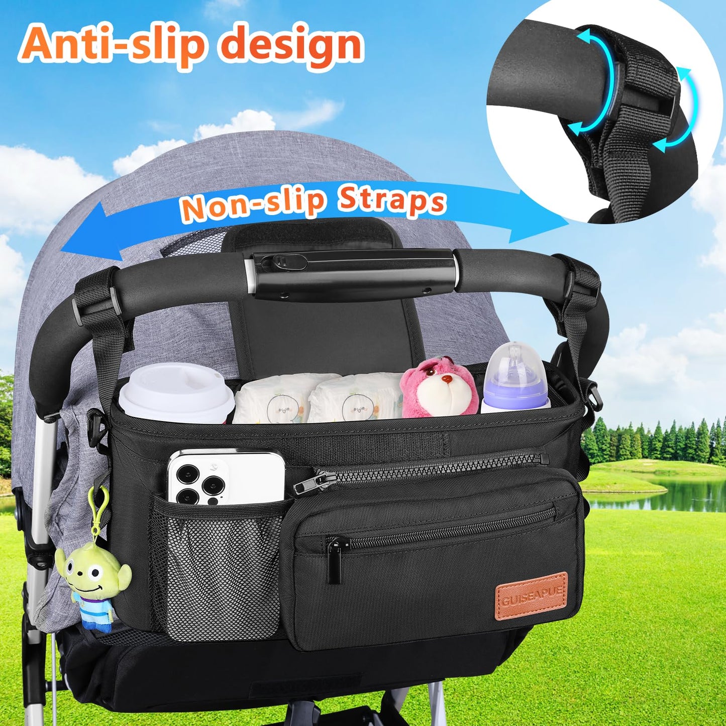 Guiseapue Universal Stroller Organizer with Cup Holder: Baby Travel Essential, Stroller Caddy with Shoulder Strap, Stroller Accessories Fit Uppababy, Baby Jogger Doona, Nuna, Britax, BOB Stroller