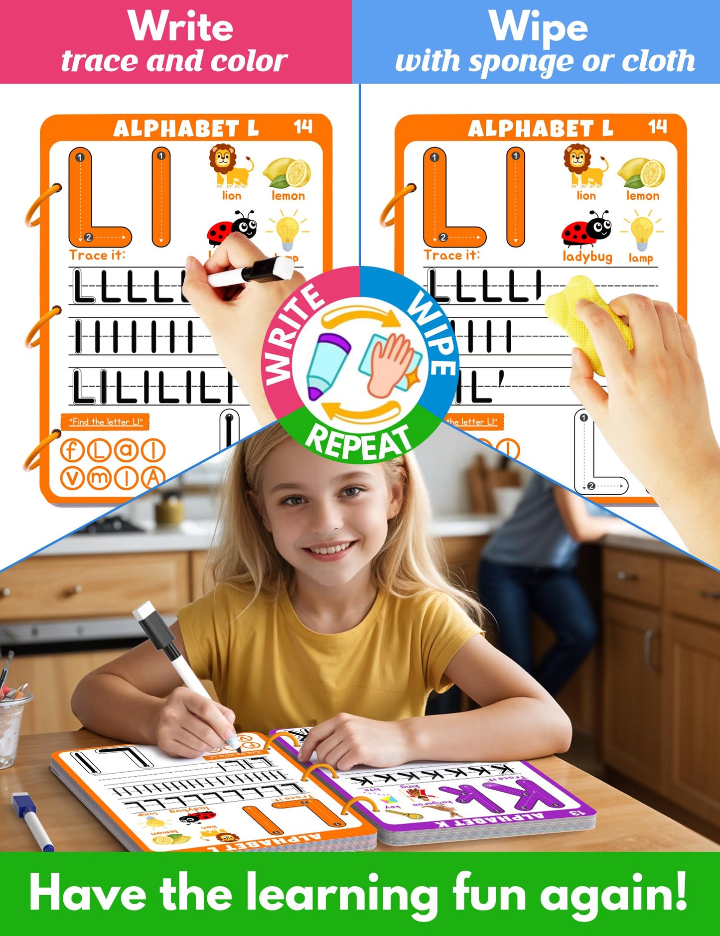 Preschool Learning Activities Educational Workbook, 62 Reusable Pages Pre Kindergarten Workbooks, Number Letter Tracing Books for Kids, Autism Learning Materials, ABC Busy Book for Kids Ages 3-7
