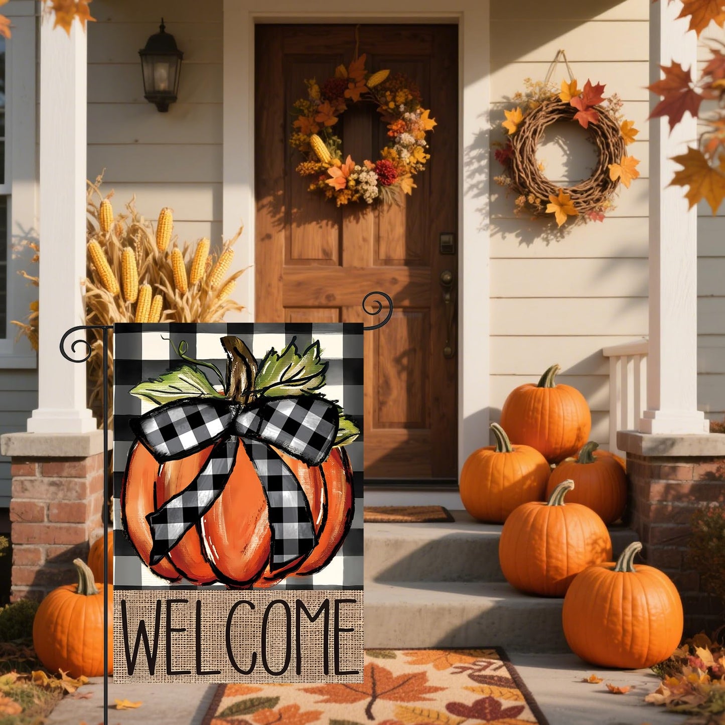 CJYGEGE Fall Pumpkin Welcome Fall Garden Flag for Outside 12x18 Inch, Double Sided Buffalo Plaid Autumn Garden Flags - Thanksgiving Harvest Decoration Burlap Yard Flag for Outdoor Holiday Festivities