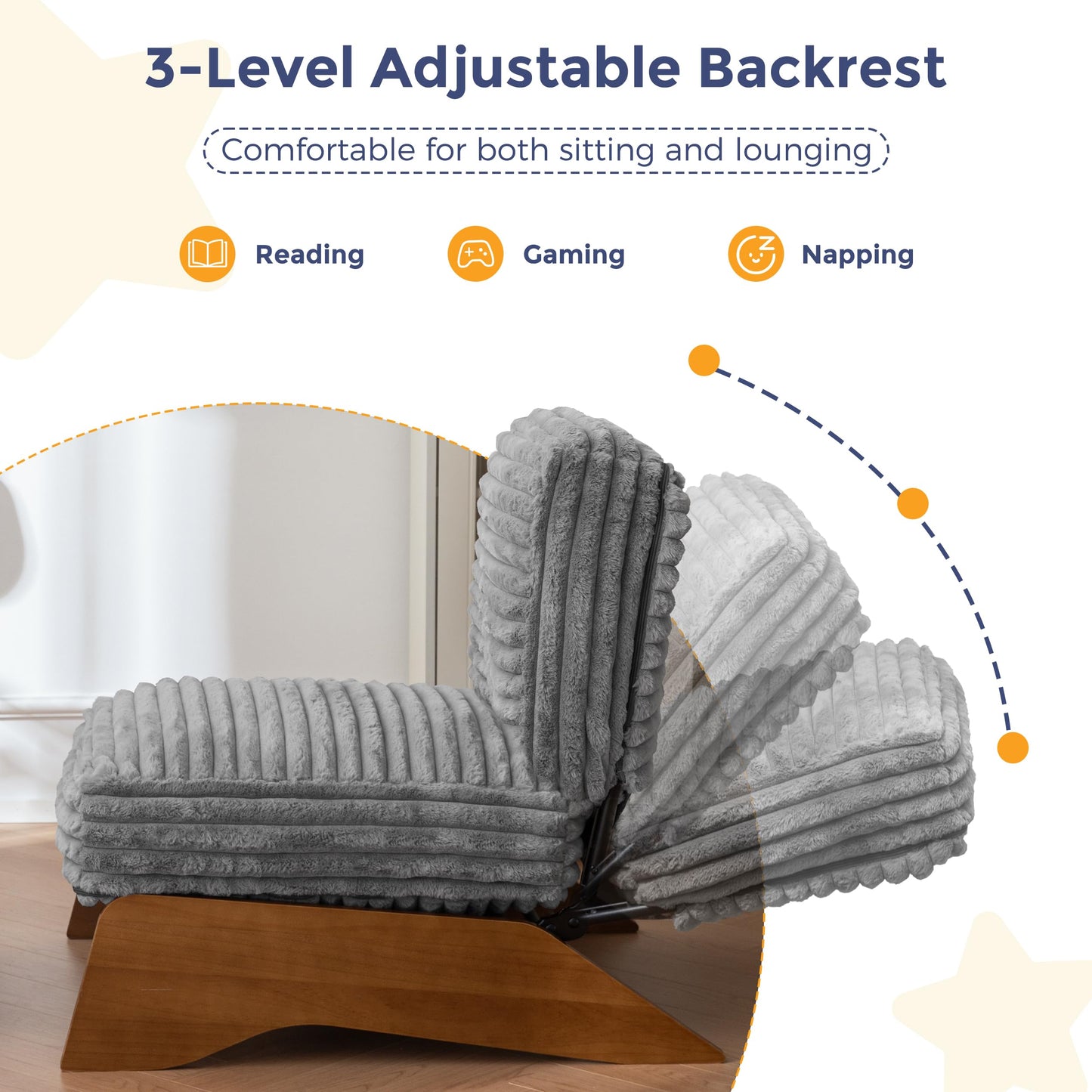 MAXYOYO Modern Adjustable Accent Chair with Ottoman, Upholstered Living Room Chair with Footrest Set, Soft Reclining Lounge for Bedroom, Apartment, Office, Grey