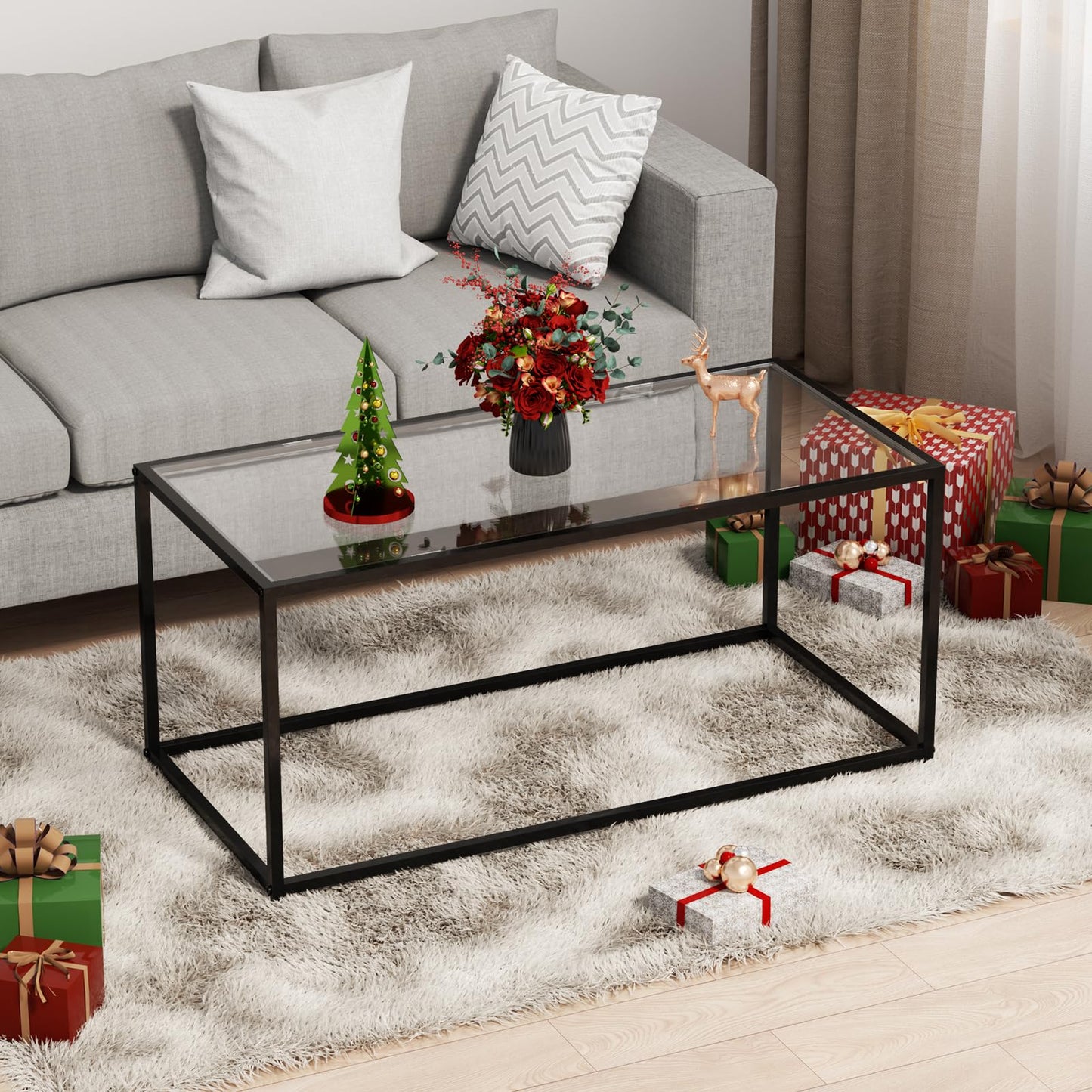 Glass Coffee Table Modern Center Table,Minimalist Coffee Table for Living Room,Tempered Glass-top with Sturdy Metal Frame, Easy Assembly,Black