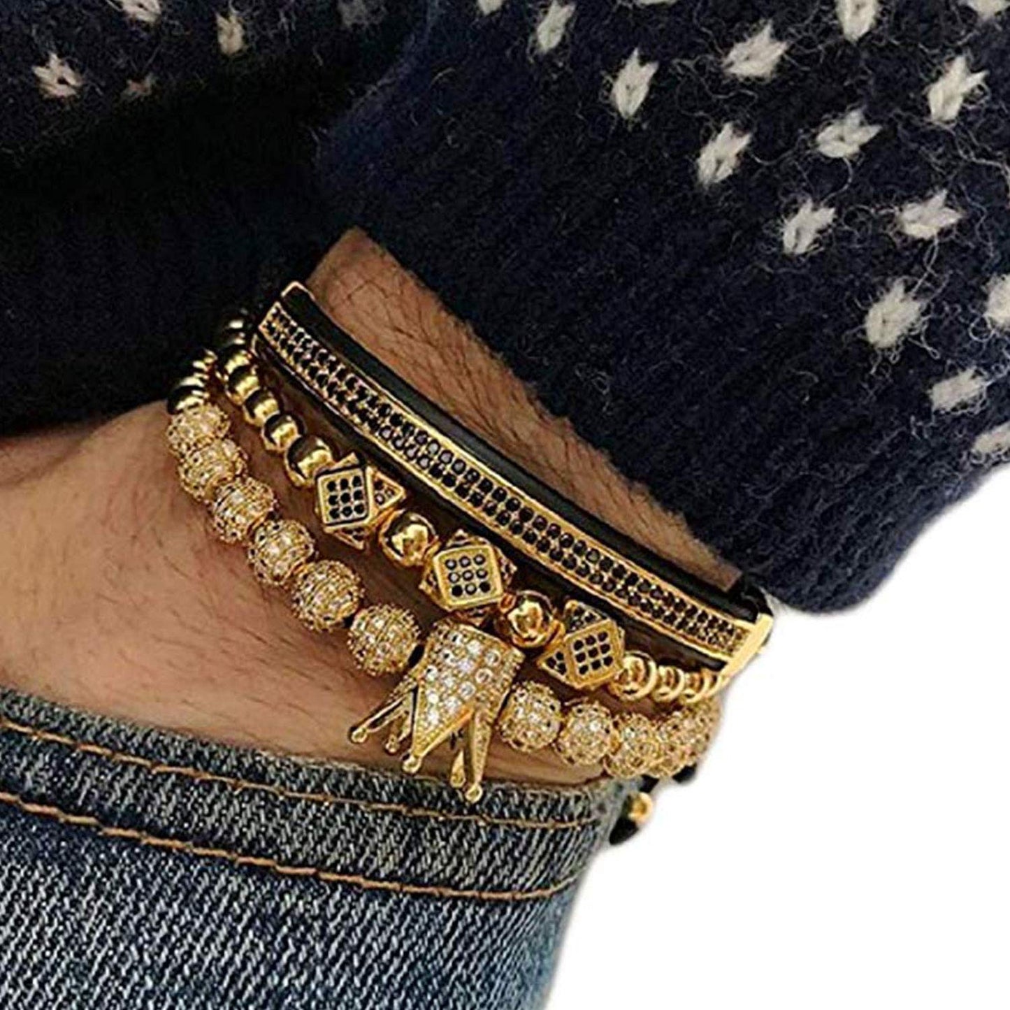 GVUSMIL Luxury CZ Imperial Gold Crown Bracelets Set King Royal Style with 8mm Zirconia Beads Braided Pulseira Bangle Charm Jewelry for Men