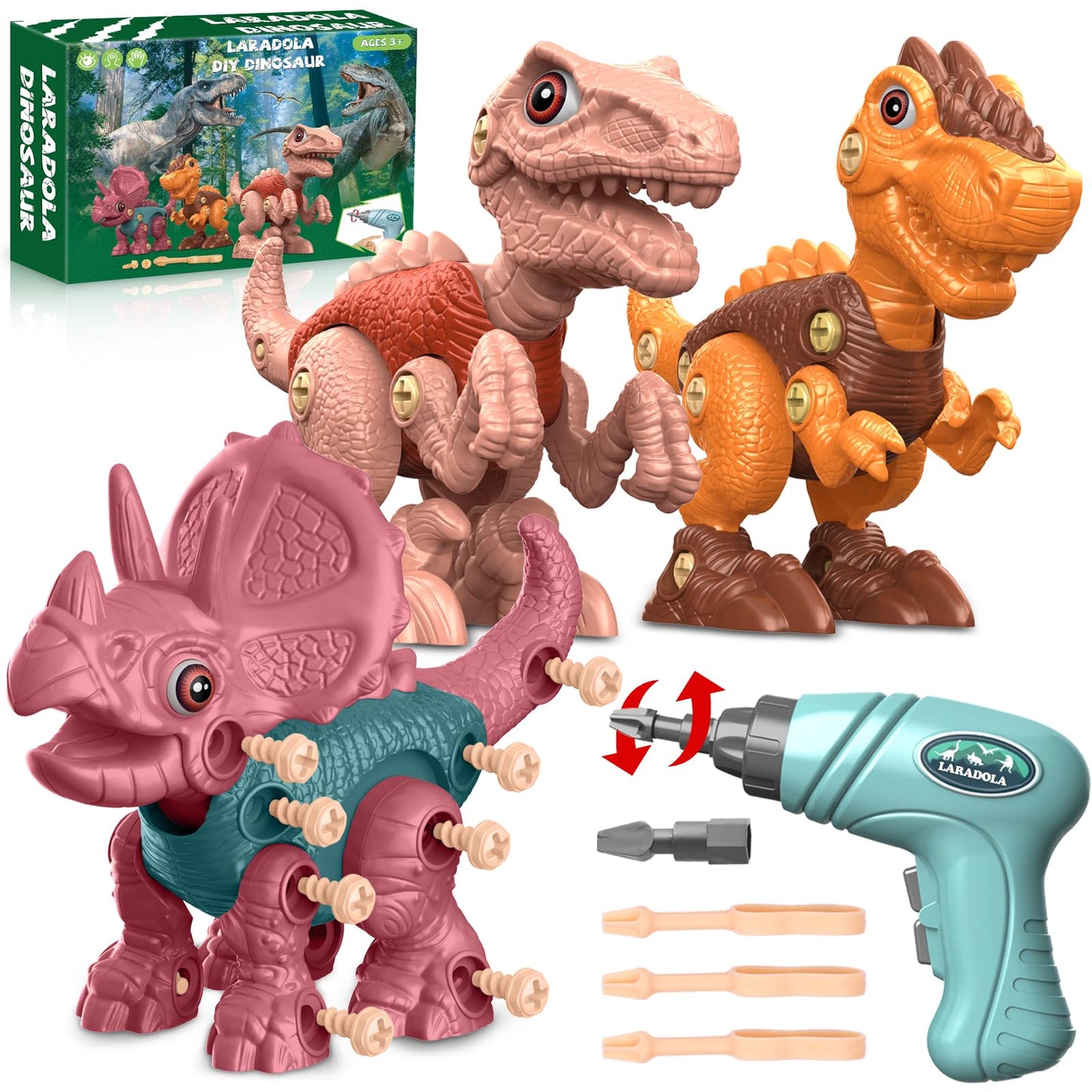 Laradola Dinosaur Toys for 3 4 5 6 7 8 Year Old Boys, Take Apart Dinosaur Toys for Kids 3-5 5-7 STEM Construction Building Kids Toy with Electric Drill, Party Christmas Birthday Gifts Boys Girls