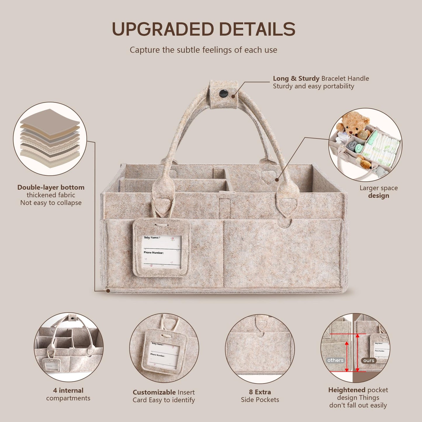 GEMII Baby Diaper Caddy Organizer with Handle, Newborn Baby Essentials Registry Search Must Haves, Shower Gift Basket Boy&Girl, Portable Diaper Storage Basket Bin, Car Caddy Organizer (Oatmeal, Large)