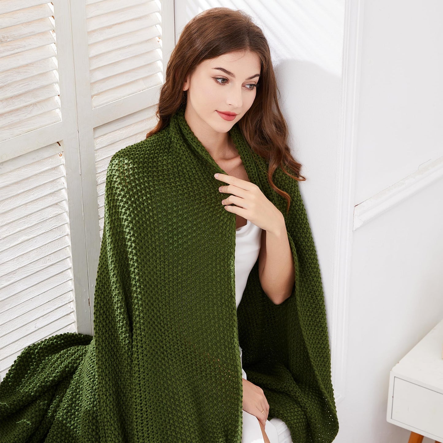 Aganear Knit Throw Blanket for Couch, Cable Knitted Throw Blanket for All Seasons, Soft Cozy Lightweight Knit Blanket for Living Room Bed Office Travel Boho Decor (50"x60", Olive Green)