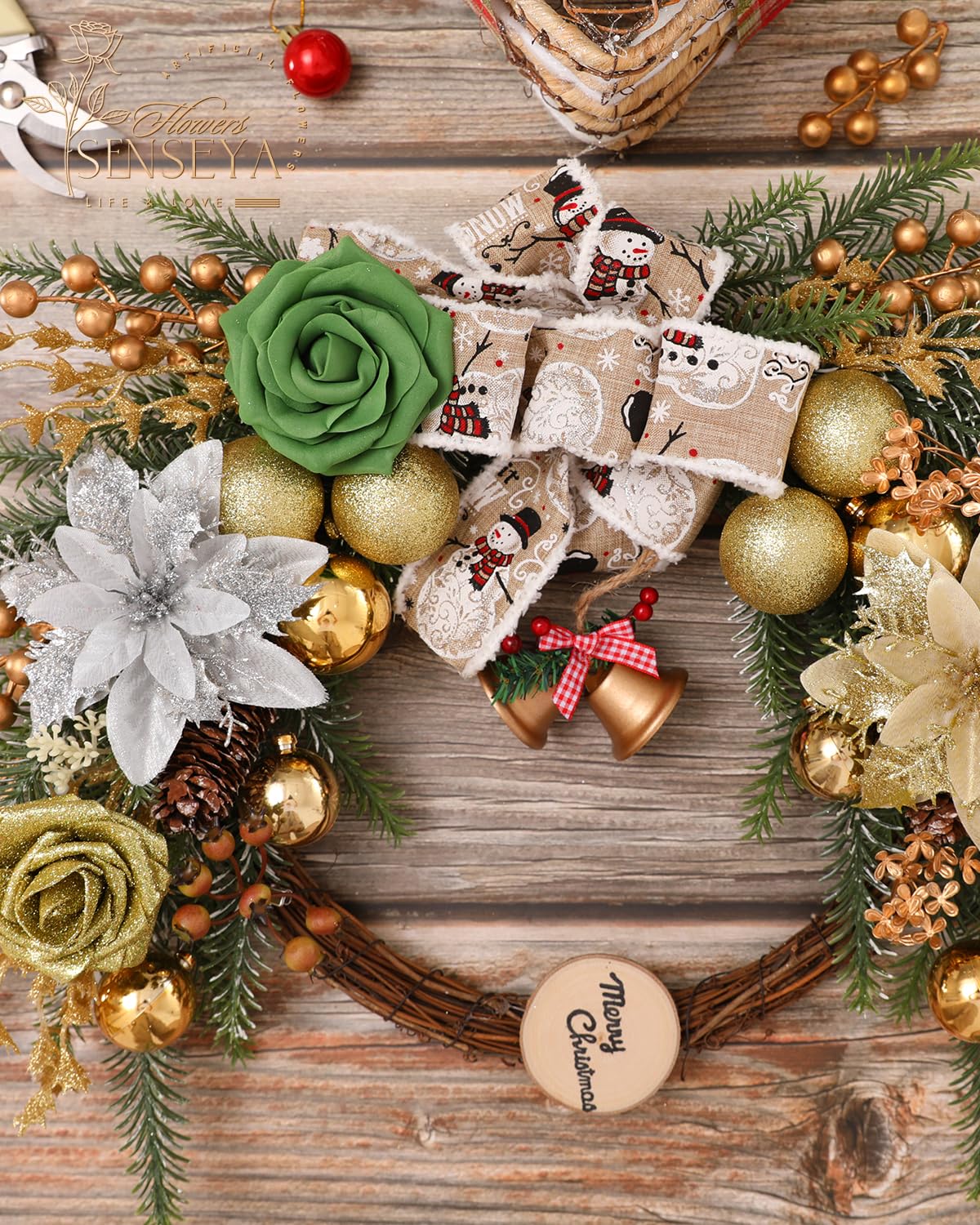 Senseya Artificial Christmas Flowers Poinsettia Combo Set, Mix Silk Flowers Fake Roses with Stems, for DIY Tree Ornaments Xmas Wreath Floral Arrangements Centerpieces Home Christmas Decorations