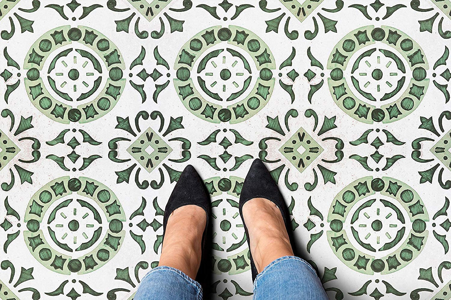Retro Self Adhesive 12-Inch Vinyl Floor Tiles, 20 Tiles - 12" x 12", Green Medallion Pattern - Peel & Stick, DIY Flooring for Kitchen, Dining Room, Bedrooms & Bathrooms by Achim Home Decor