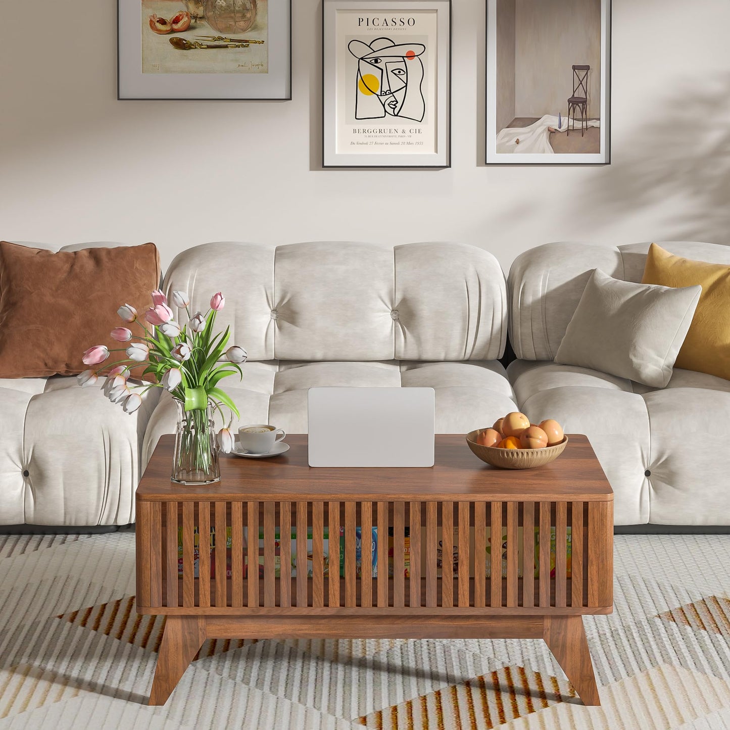 Lift Top Coffee Table with Hidden Compartment, Mid Century Modern Coffee Table for Living Room, Fluted Design Farmhouse Center Table with Storage (Walnut, 35.4" W)