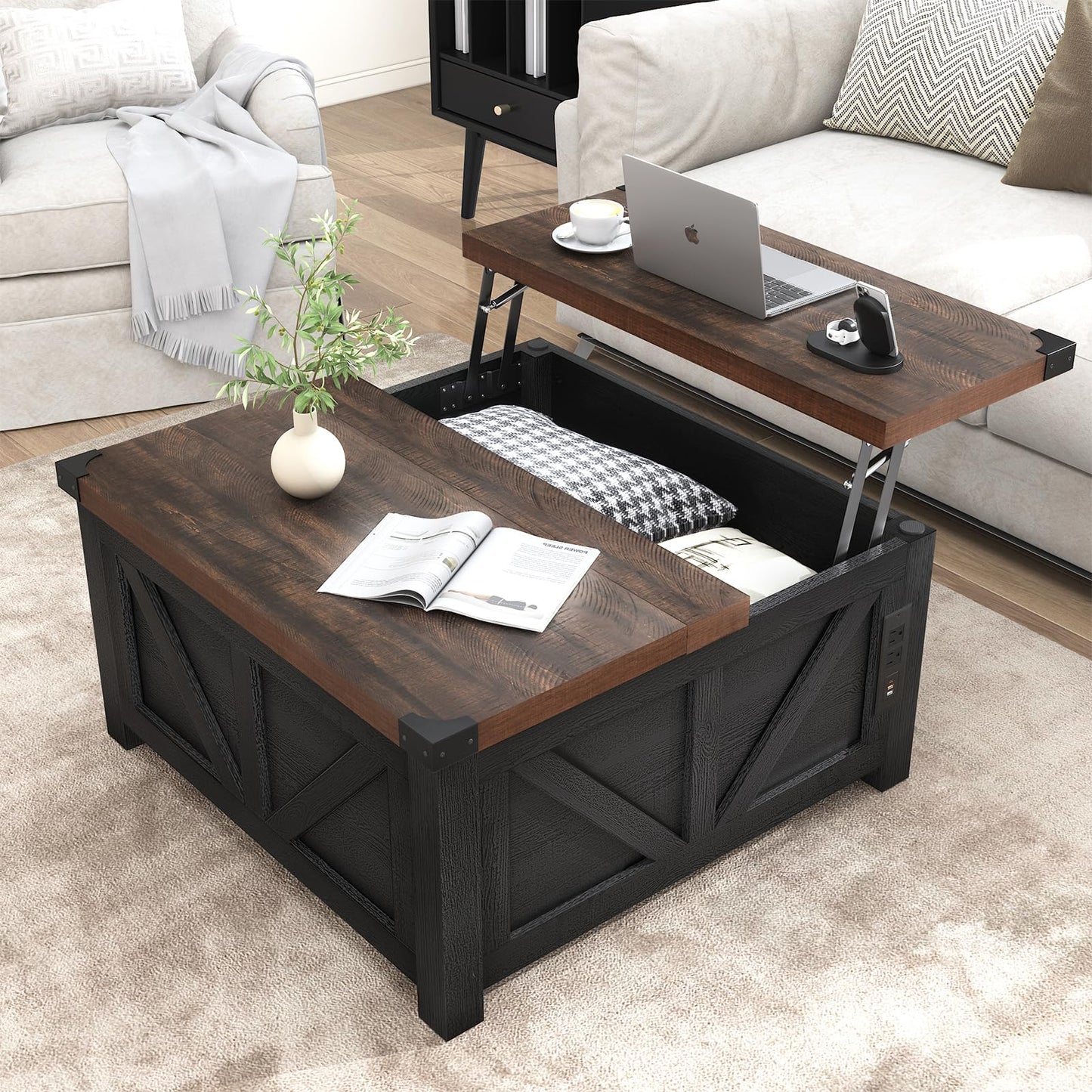 jimeimen Farmhouse Lift Top Coffee Table with Storage, Wood Square Center Table with Charging Station&USB Port, Living Room Table w/Large Hidden Space, for Living Room, Bedroom, Home Office, Black