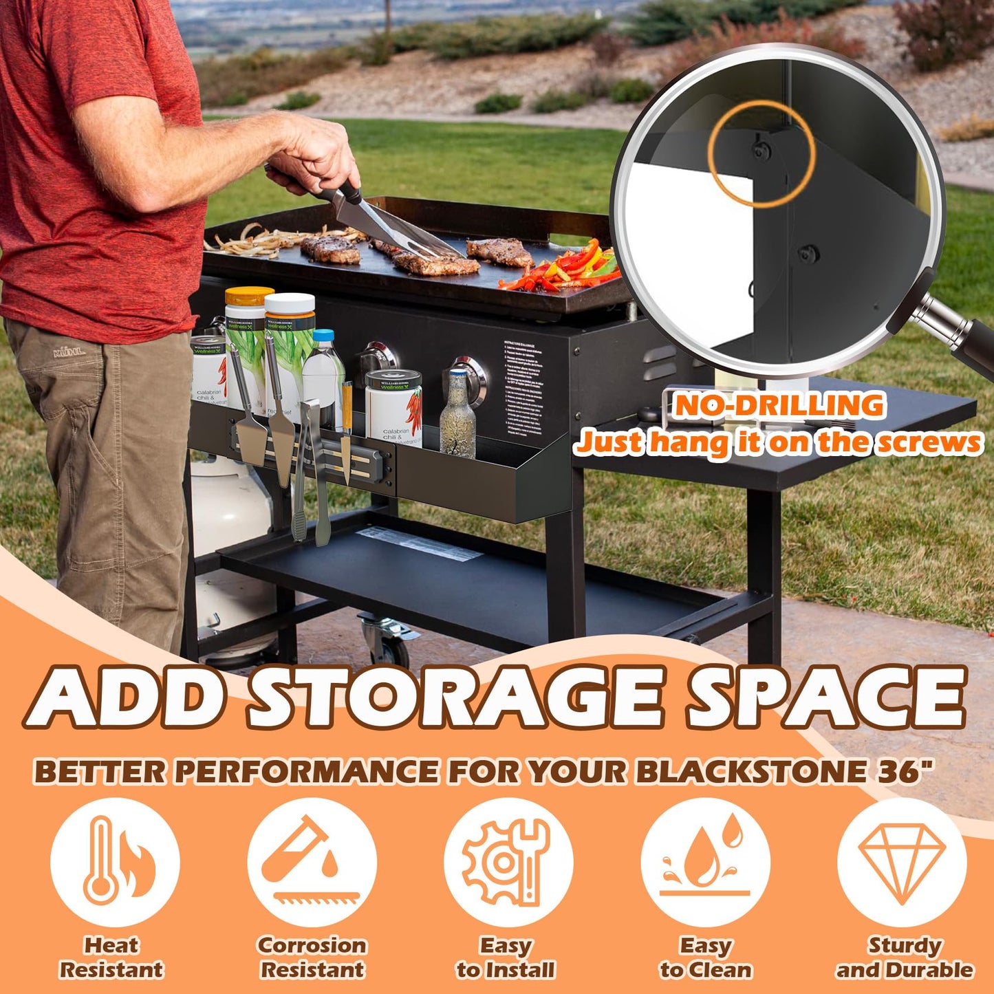 MOASKER Front Griddle Caddy for Blackstone 36" Griddle, Accessories Storage Bin with Magnetic Tool Holder for Blackstone 36 Inch Grill Caddy Organizer, Front Bottle/Spatula/Tool Shelf for Black Stone