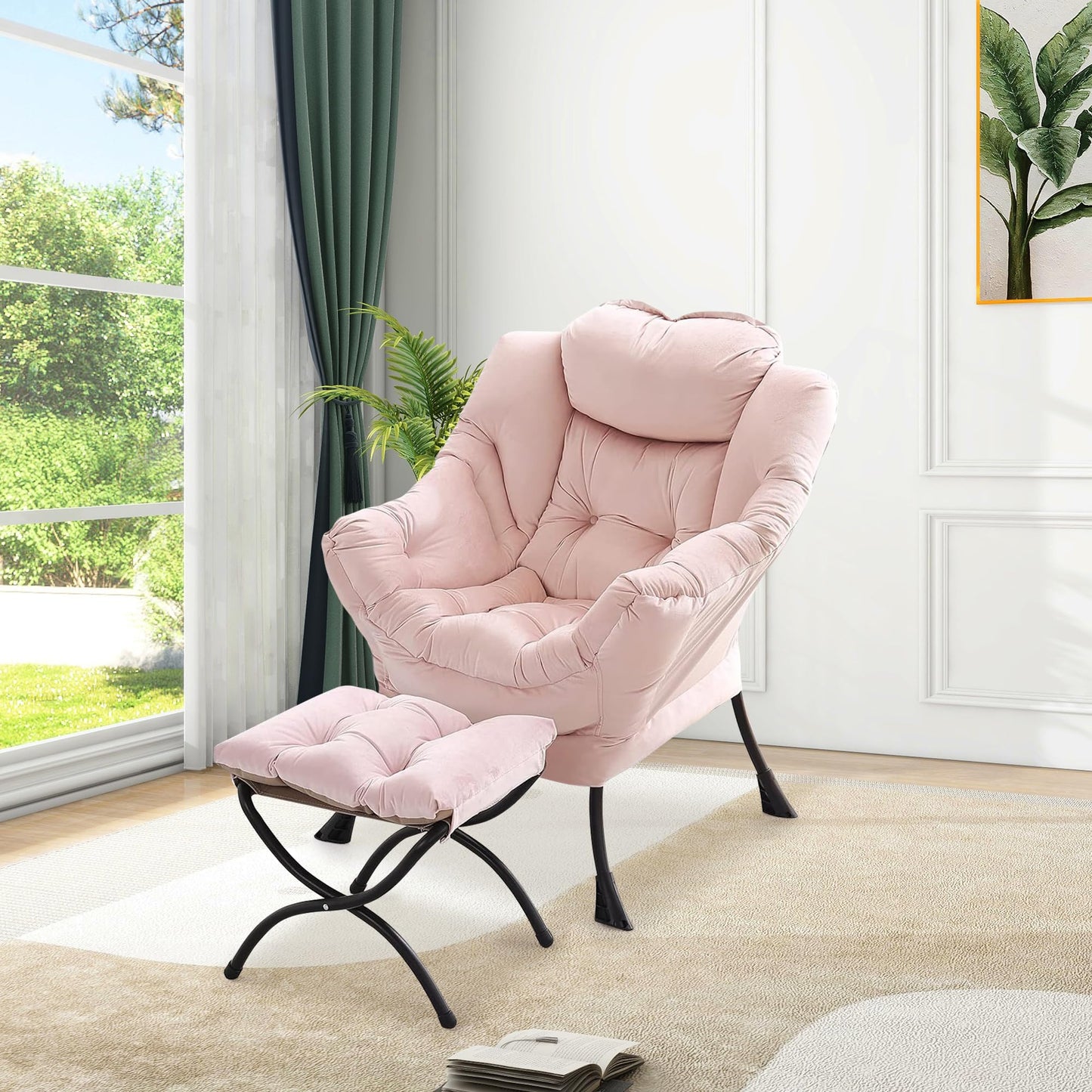 IDEALHOUSE Lazy Chair with Ottoman, Large Lounge Accent Chair, Comfy Armchair with Folding Footrest,Reading Armchair with Side Pocket for Living Room, Bedroom, Dorm & Office (1 Set, Velvet Pink)