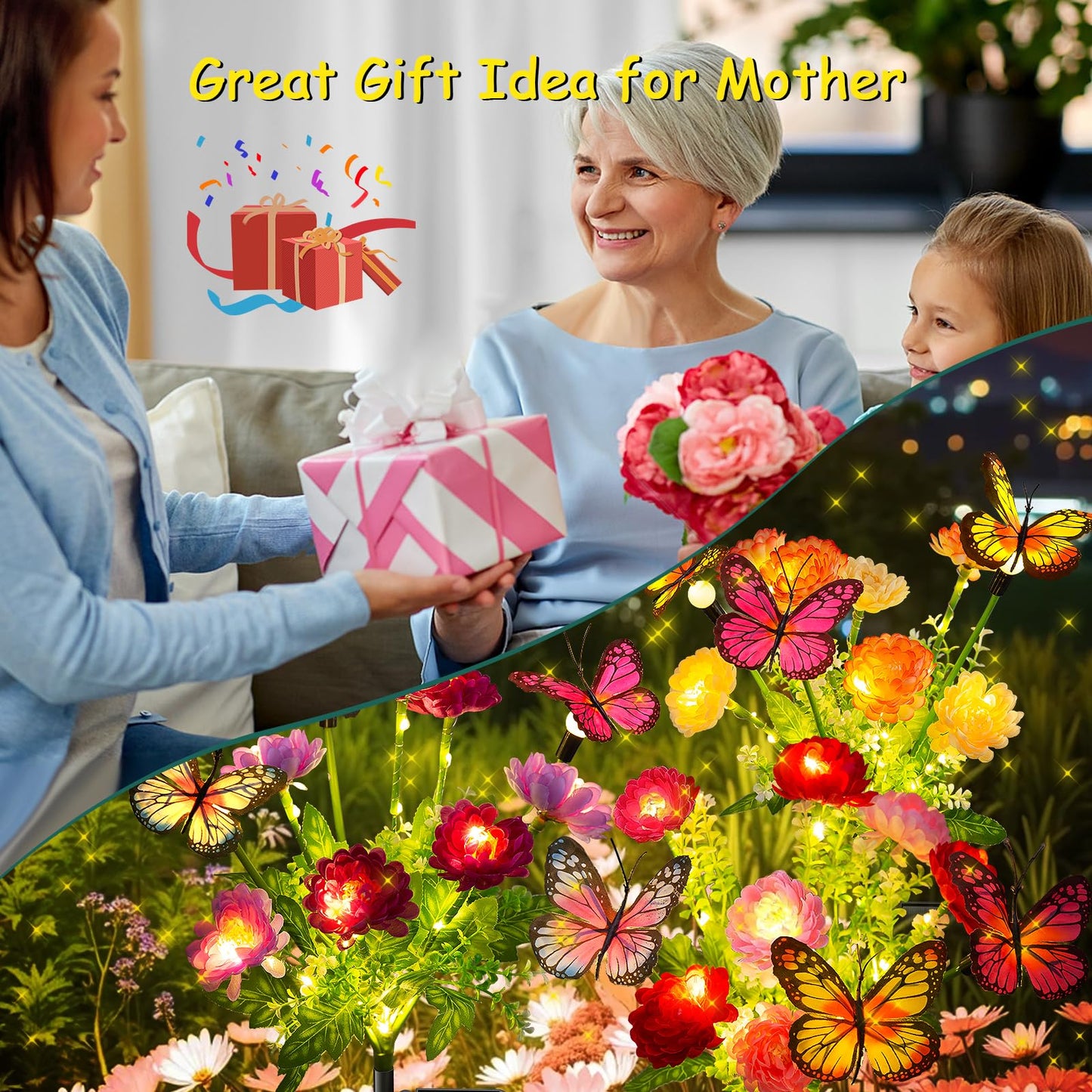 GARPAR Solar Garden Lights, 3 Pack Swaying Solar Lights with 9 Butterflies & 21 Blooming Flowers, Solar Flowers Lights Outdoor Waterproof, Solar Outdoor Lights for Yard Patio Garden Decor, Gift