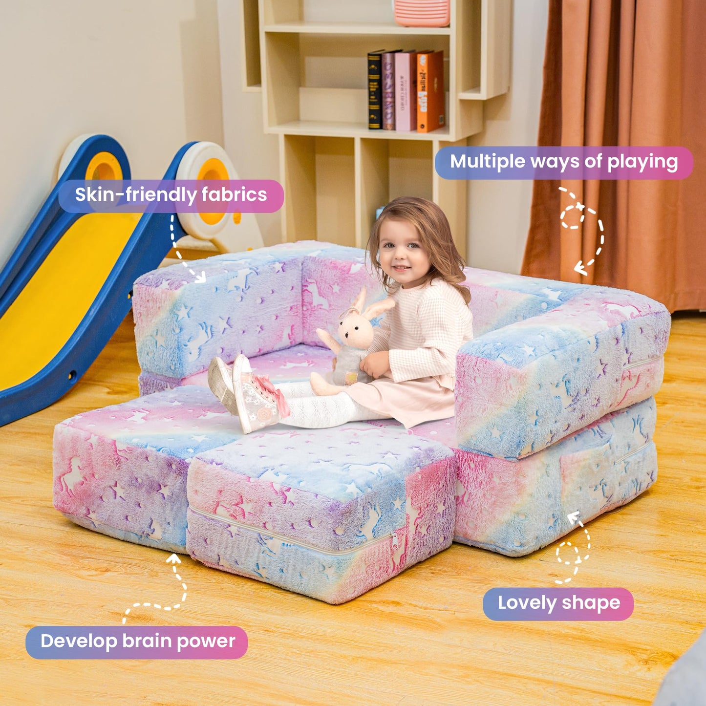 furlinkhm Modular Kids Play Couch, Glow in The Dark Kids Play Couch Toddler Couch,Kids Couch for palyroom, Convertible Baby Fold Out Play Foam and Floor Cushion for Bedroom (Rainbow+Unicorn)