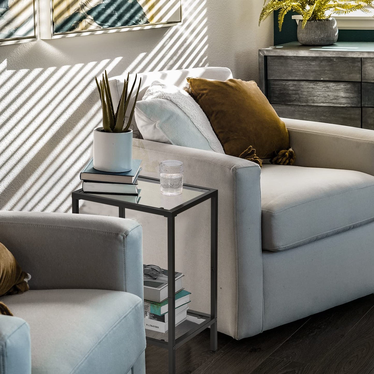 HOMSHO Side Tables Set of 2, End Tables with Tempered Glass, 2-Tier Nightstands with Storage Shelves, Coffee Table with Modern Style, Slim Sofa Table for Living Room, Bedroom, 11.8" D x 15" W, Black