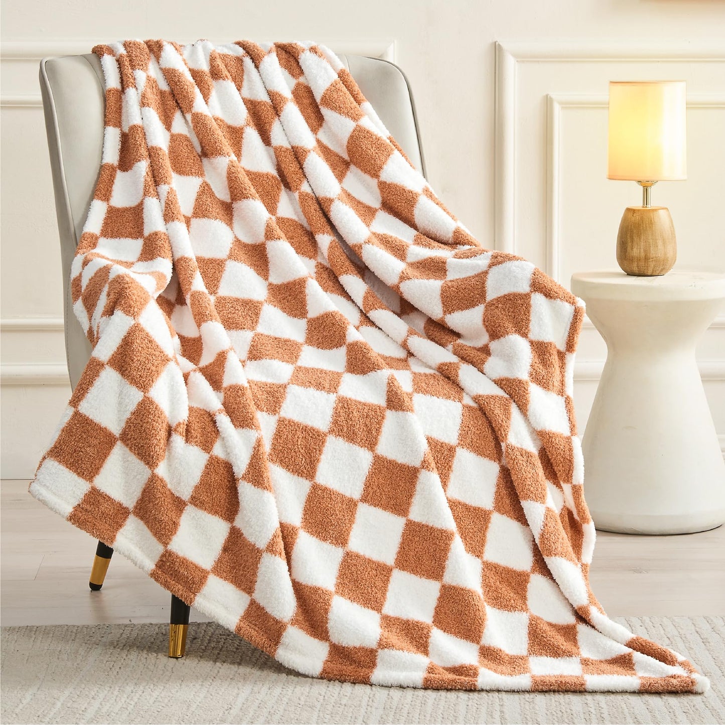 BEDELITE Checkered Blanket - Reversible Soft Cozy Fuzzy Blanket, 350GSM Warm Fluffy Throw Blanket for Couch, Bed, Travel (Khaki, 50" x 60")