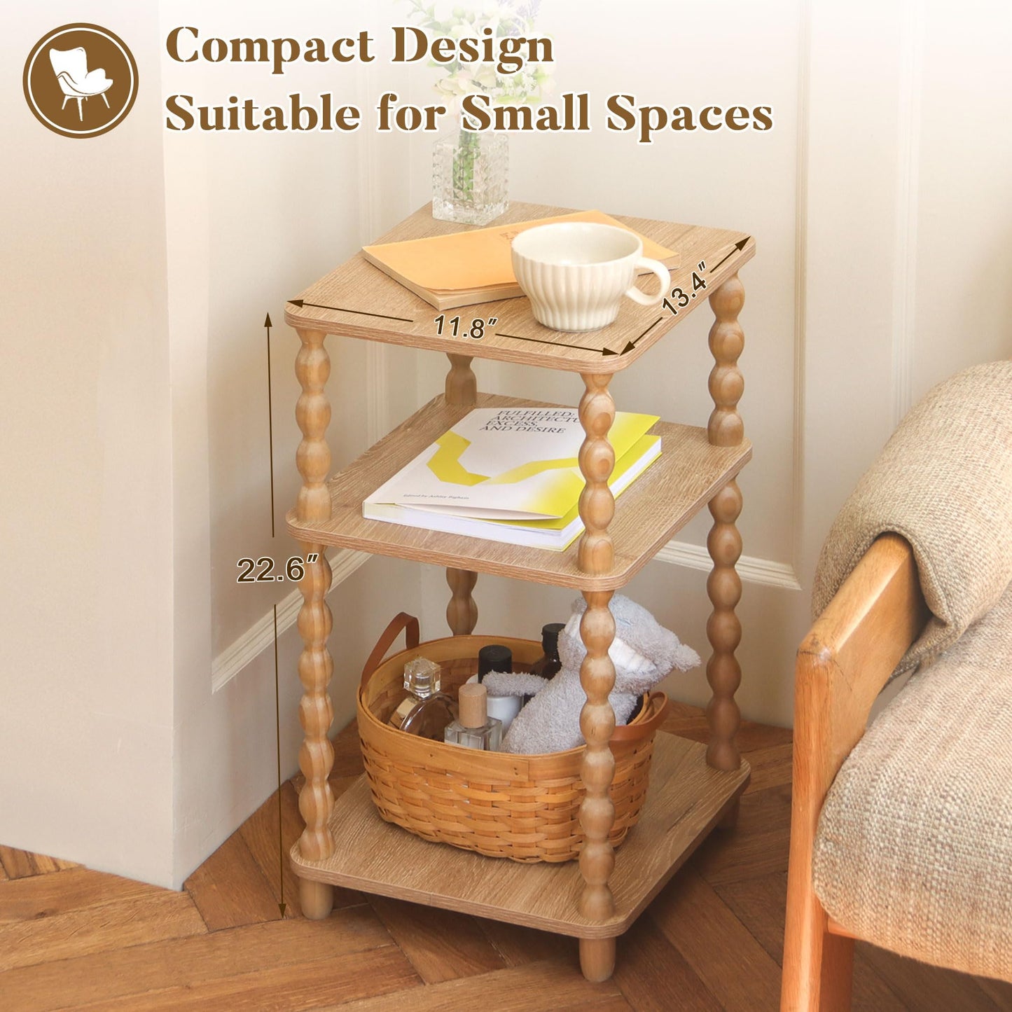 Fultyle End Table, Modern Side Table with 3 Tier Open Shelf, Small Table Bed Side Tables Bedroom for Small Spaces, Living Room and Office (Rustic Walnut)