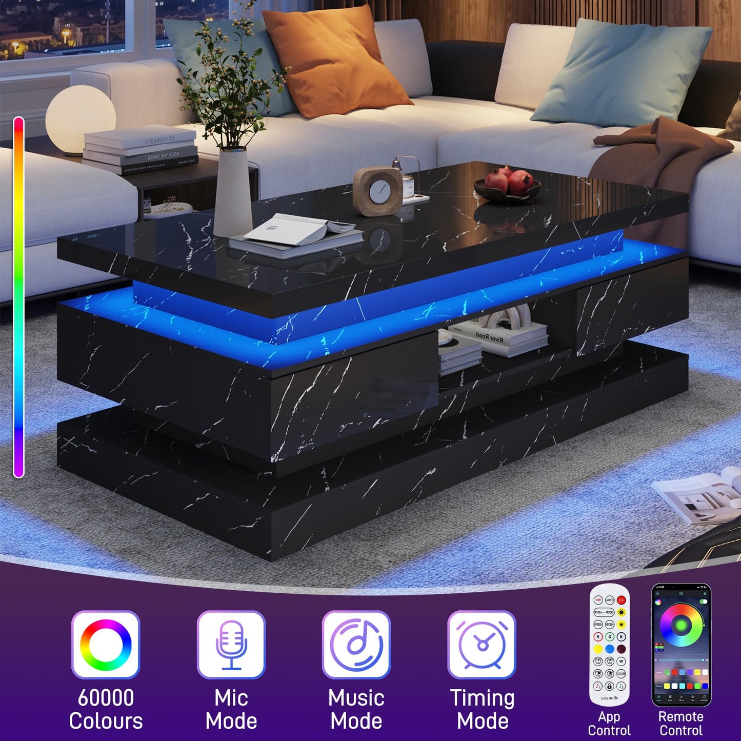 47.2 inch Modern High Glossy LED Coffee Table with 2 Sliding Drawers, Double-Layer Center Tables with LED Lights for Livings Room Furniture, Black