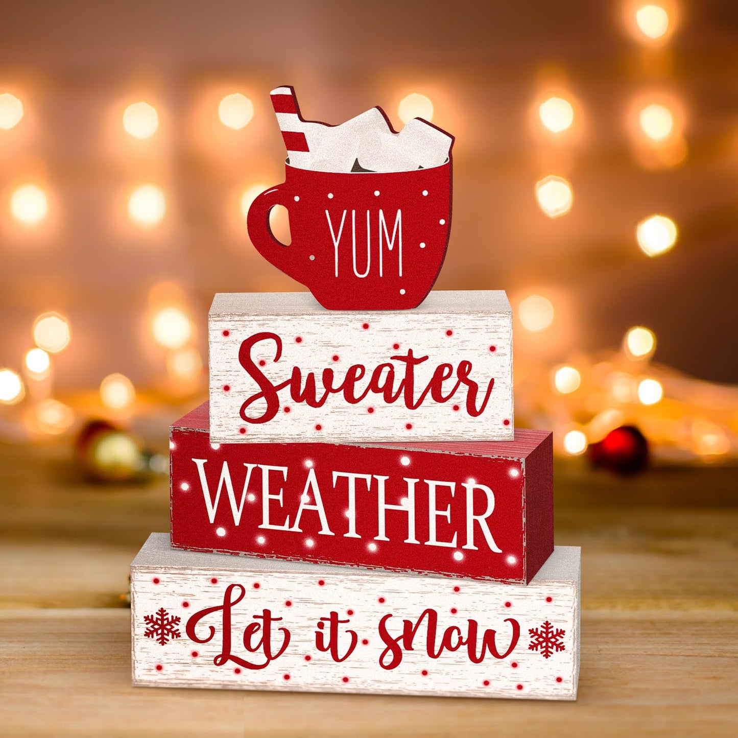 Marsui 4 Pcs Christmas Wooden Tabletop Decor Neutral Christmas Decor Rustic Wooden Hot Cocoa Block Sign Cozy Winter Decorations Gift Farmhouse Xmas Table Centerpiece for Home Office Desk Tiered Tray