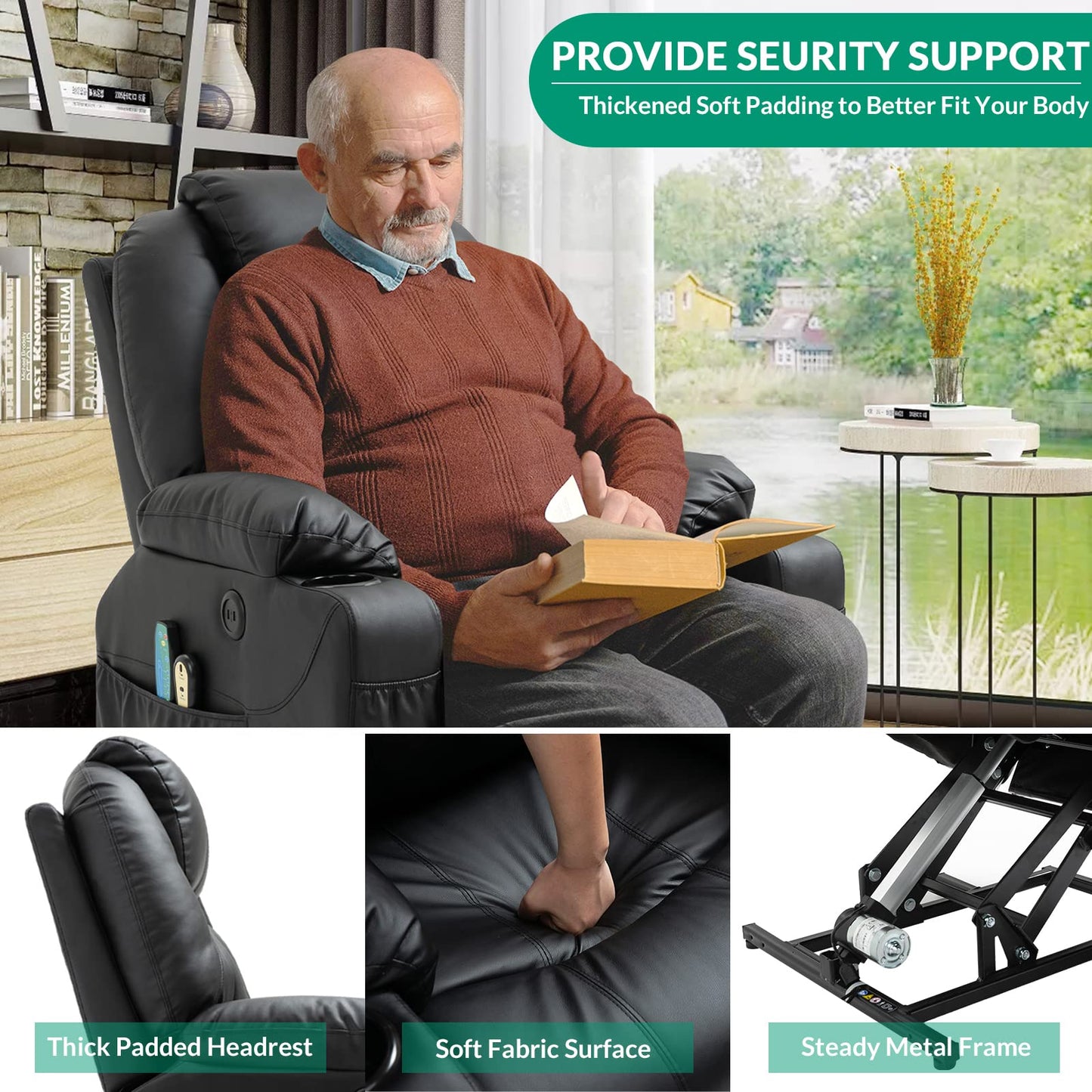 VIVIJASON Power Lift Chair Electric Recliner for Elderly Heated Vibration Massage Faux Leather Recliner Chair with 2 Remote Controls, Cup Holders, Side Pockets & USB Ports for Living Room (Black)