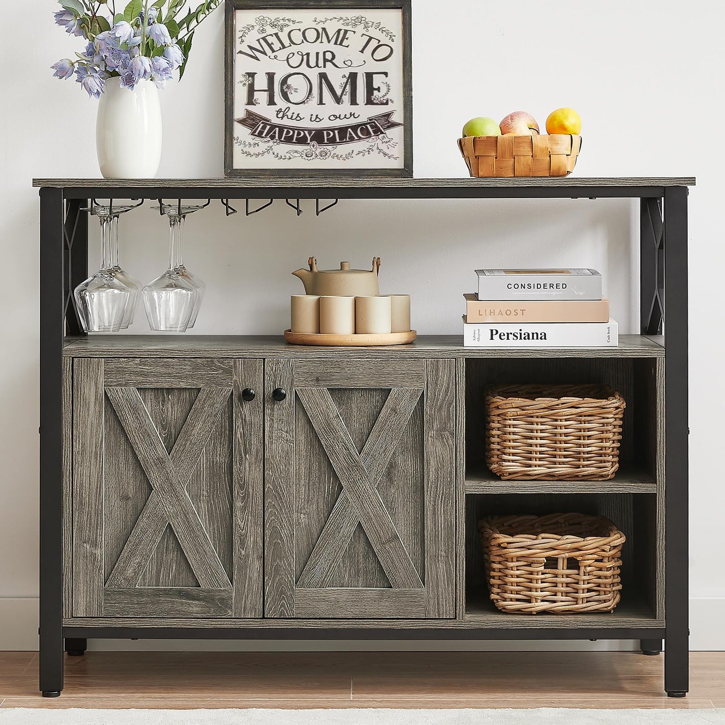 BedsPick 45.3" Buffet Cabinet with Storage, Farmhouse Sideboard Cabinet with Wine Glass Rack, Kitchen Accent Coffee Bar with Adjustable Shelf for Dining Living Room (Grey)