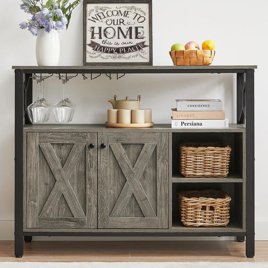 BedsPick 45.3" Buffet Cabinet with Storage, Farmhouse Sideboard Cabinet with Wine Glass Rack, Kitchen Accent Coffee Bar with Adjustable Shelf for Dining Living Room (Grey)
