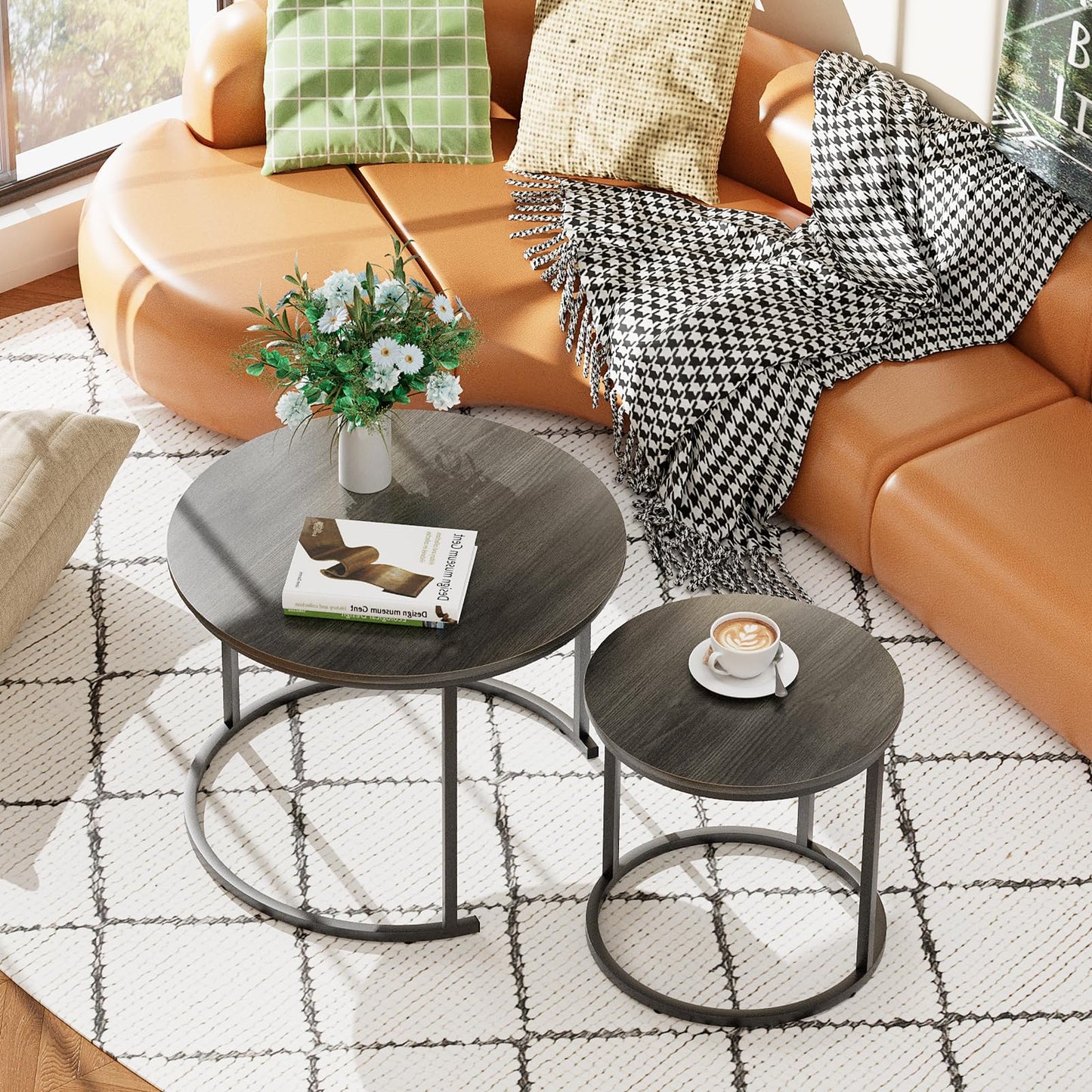 VILAWLENCE Nesting Coffee Table Set of 2, Modern Round Side Table End Tables for Living Room Bedroom Balcony,Grey Wooden Stacking Accent Coffee Tables with Metal Frame