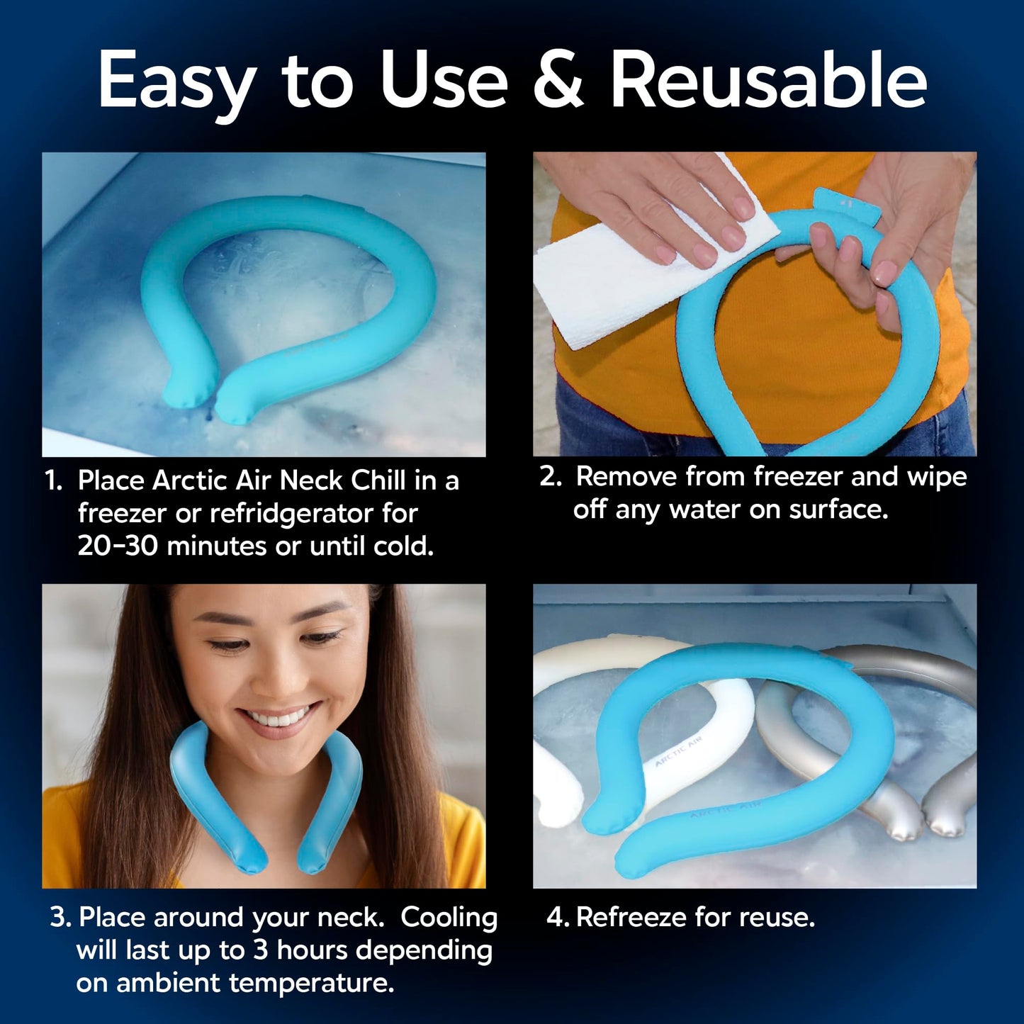 Arctic Air Neck Chill, Neck Cooling Tube, Hands Free Cooling, Quick Freeze Gel, Wearable Body Coolers for Hot Weather, Reusable, Adjustable Fit, 3 Pack