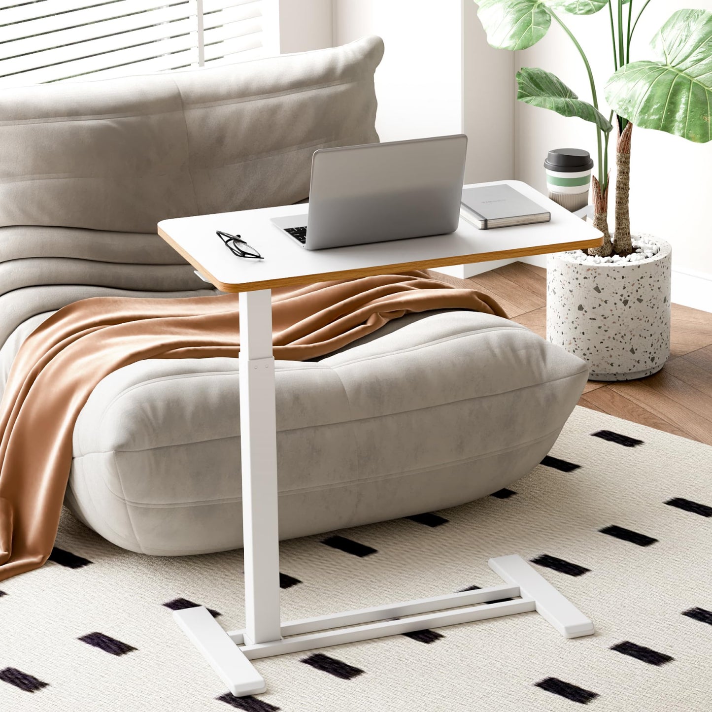 SANODESK Medical Adjustable Overbed Bedside Table with Hidden Casters, Pneumatic Mobile Laptop Computer Standing Desk Cart with Tray, Hospital and Home Use(27.6" W x 15.7" D, White)