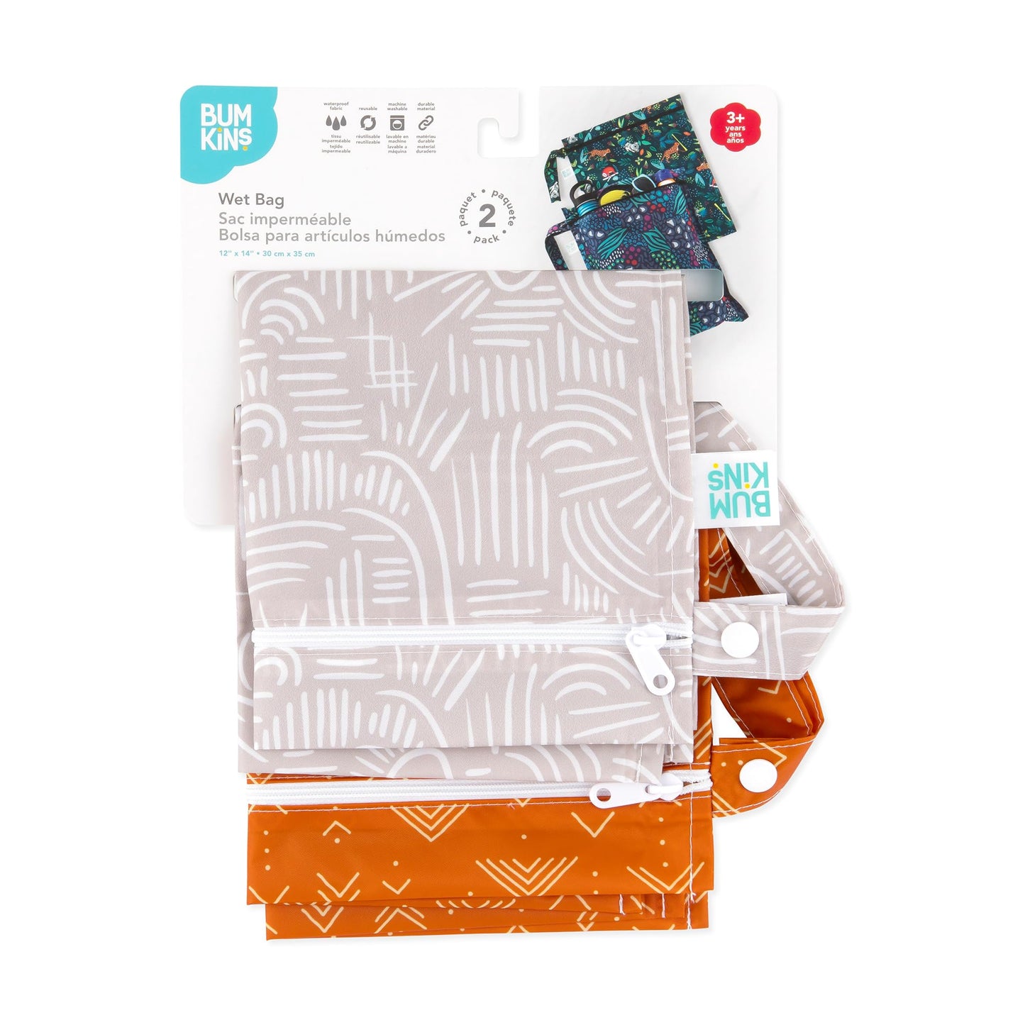 Bumkins - Waterproof Wet Bag - For Baby, Travel, Swim Suit, Cloth Diapers, Pump Parts, Pool, Gym, Toiletry, Strap to Stroller - Reusable & Easy to Clean - 2pk - Desert Boho