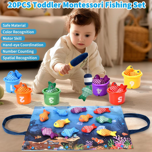 Montessori Toys for 1 Year Old,20PCS Baby's Sensory Toy First Fishing Toy Set for 1-3 Boy Girl Birthday Gift,Educational Learning Toys Stacking Cups Number Counting, Color Sorting for 12-18 Month Baby