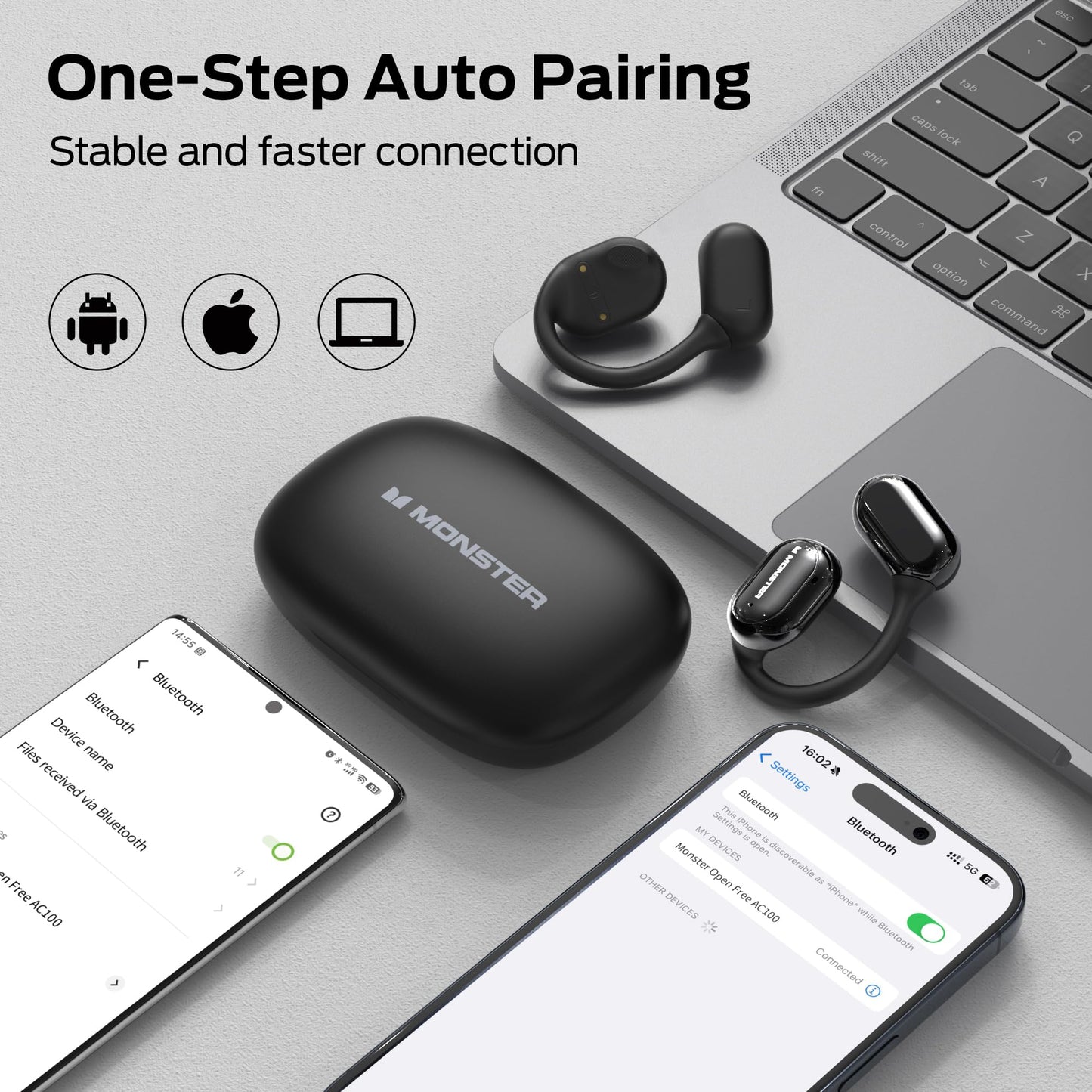 Monster Open Free AC100 Open Ear Headphones, Bluetooth 5.3 Wireless Headphones with Earhooks, Immersive Stereo Sound by Dual Large Driver, Clear Talk, 30H Playtime,Waterproof Sport Earbuds for Running