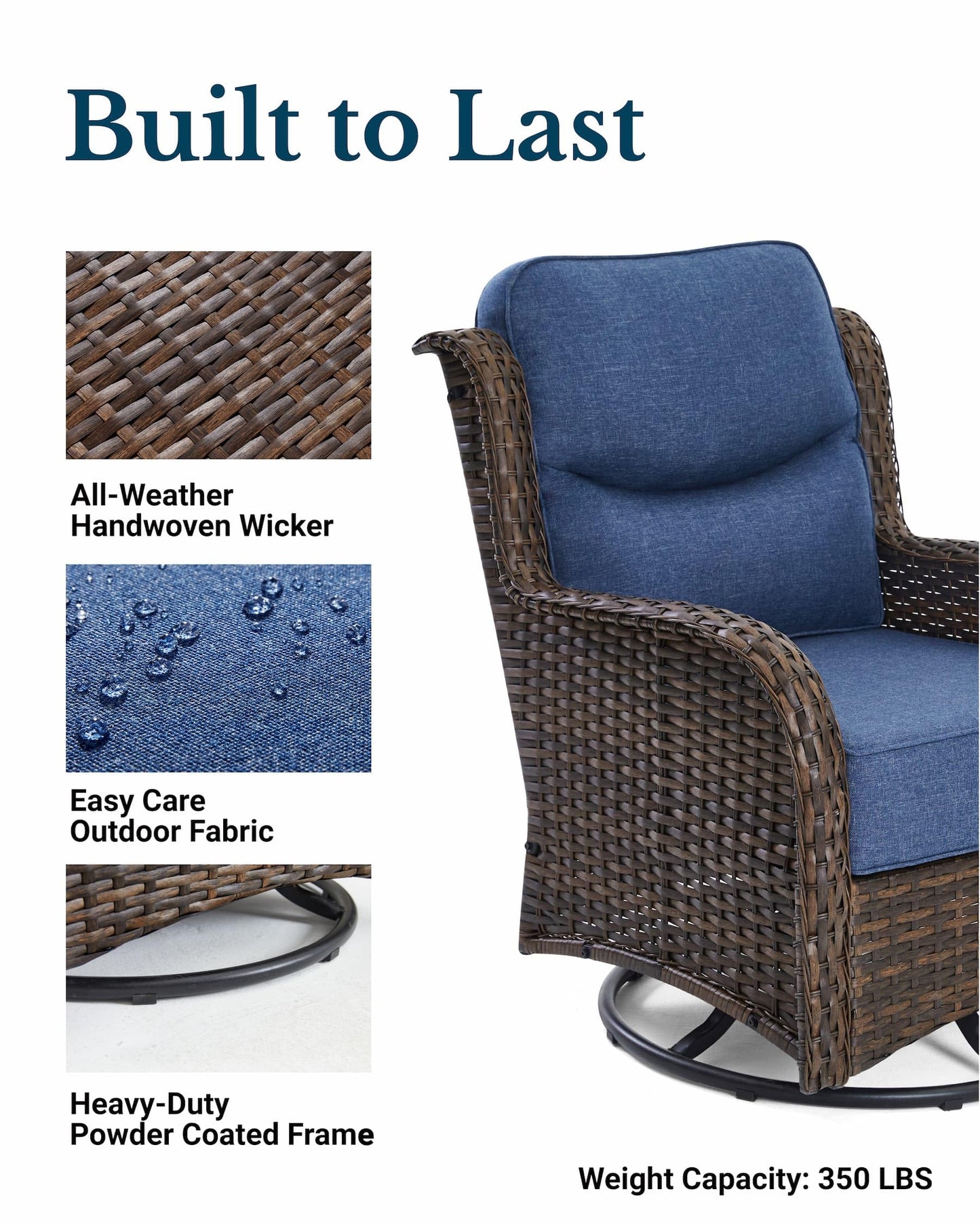 HILLGA Luxury Outdoor Swivel Rocker Patio Chairs of 2 with 6 Inch Thick Cushions and Side Table, Swivel Outdoor Chairs 3PCS High Back Wicker Patio Furniture Set for Porch, Balcony, Deck in Blue