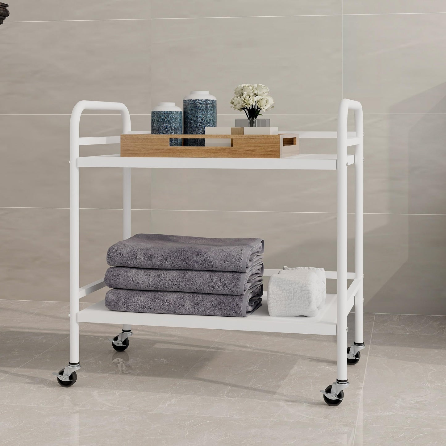 HDANI 2 Tier Under Desk Printer Stand with Storage,Microwave Storage Rack,Metal Rolling Printer Cart with Wheels for Home Office,Utility Storage Cart and Stand,White