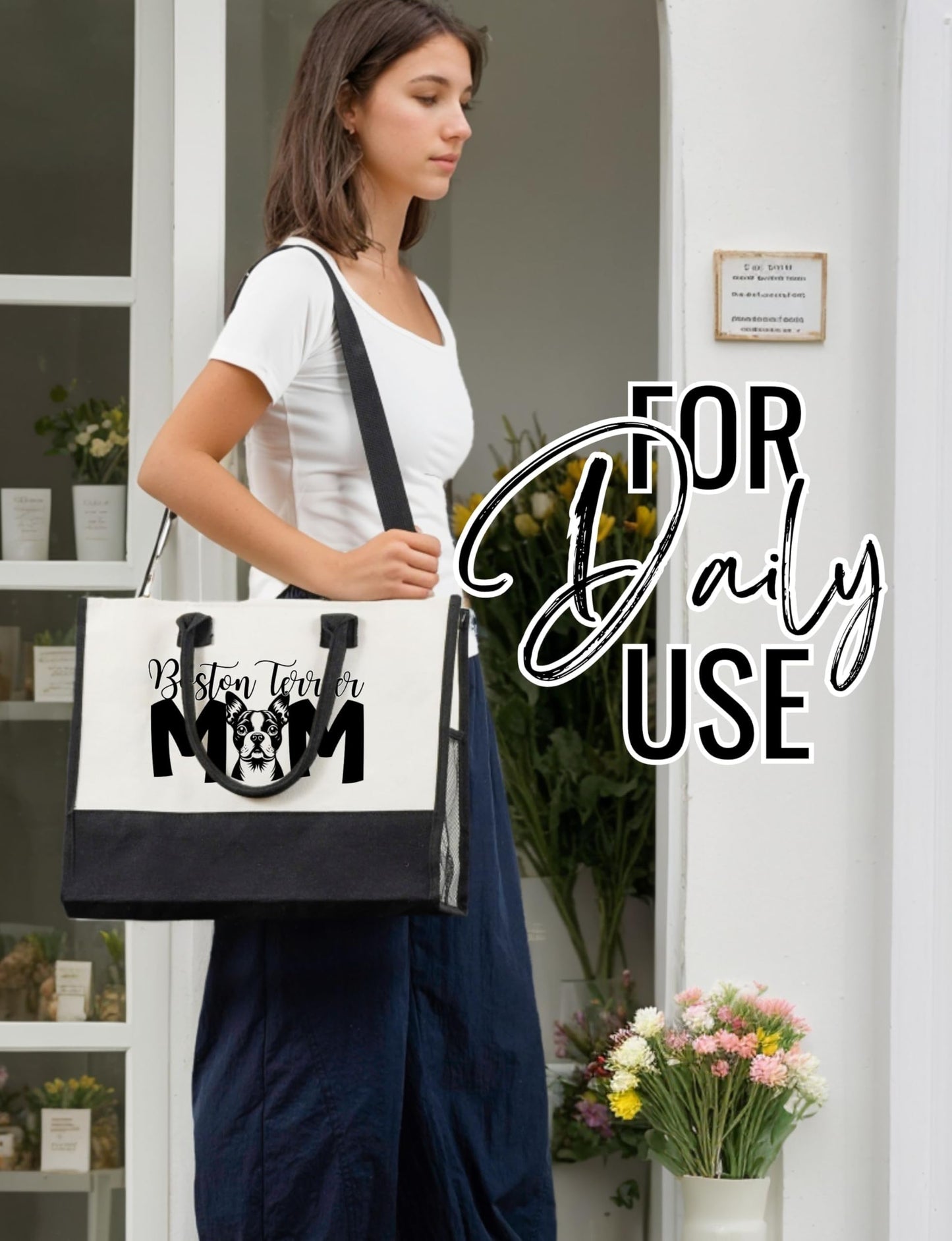 InnoBeta Boston Terrier Gifts for Women Canvas Tote Bag, Boston Terrier Gifts Tote with Top Zipper Closure and Shoulder Strap for Birthday, Mother's Day, Christmas
